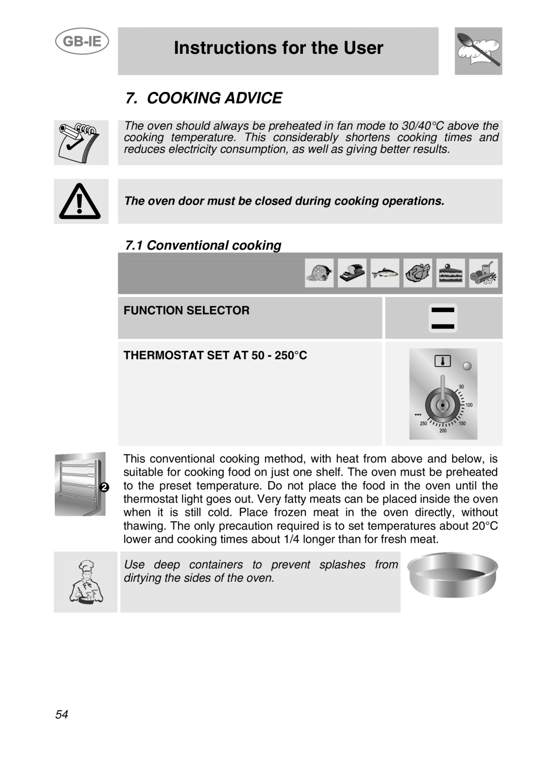 Smeg CS19ID-5 manual Cooking Advice, Instructions for the User, Conventional cooking 