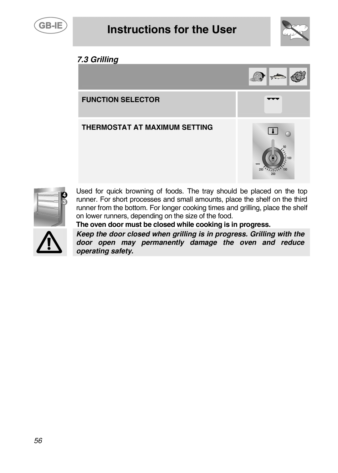 Smeg CS19ID-5 manual Instructions for the User, Grilling, Function Selector Thermostat At Maximum Setting 