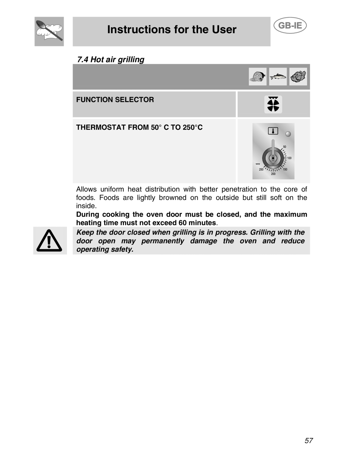 Smeg CS19ID-5 manual Instructions for the User, Hot air grilling, FUNCTION SELECTOR THERMOSTAT FROM 50 C TO 250C 