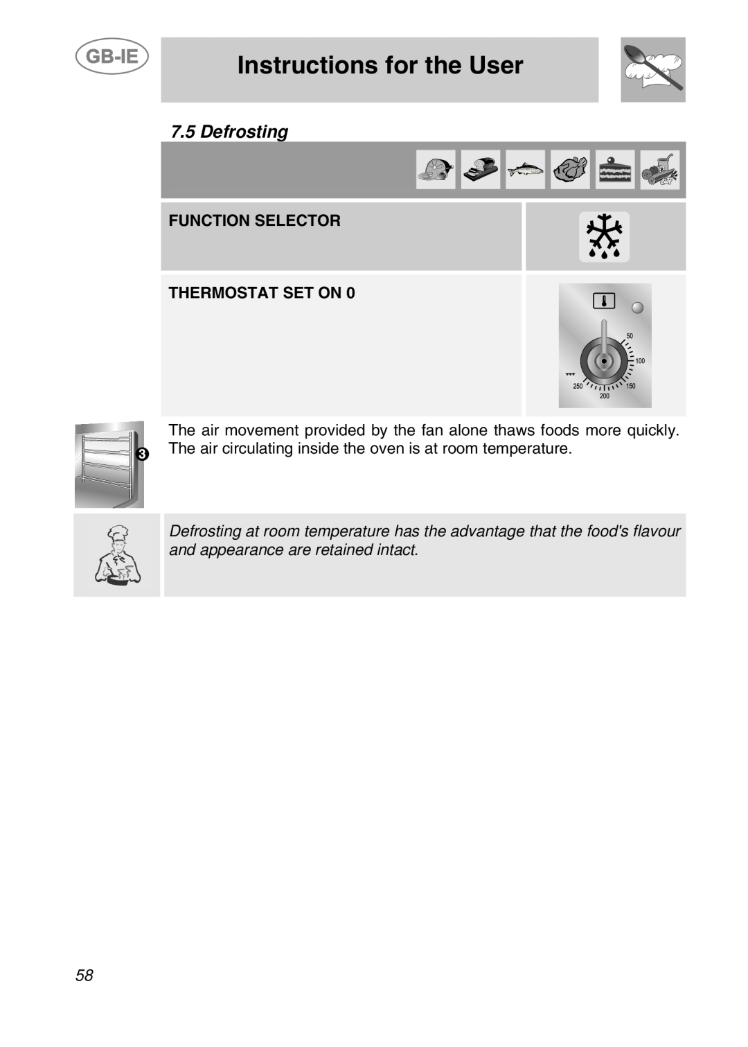 Smeg CS19ID-5 manual Instructions for the User, Defrosting, Function Selector Thermostat Set On 
