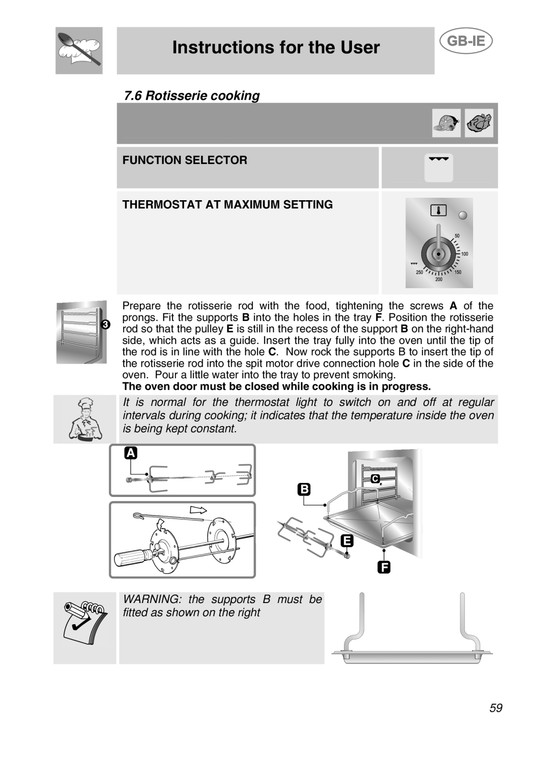 Smeg CS19ID-5 manual Instructions for the User, Function Selector Thermostat At Maximum Setting 