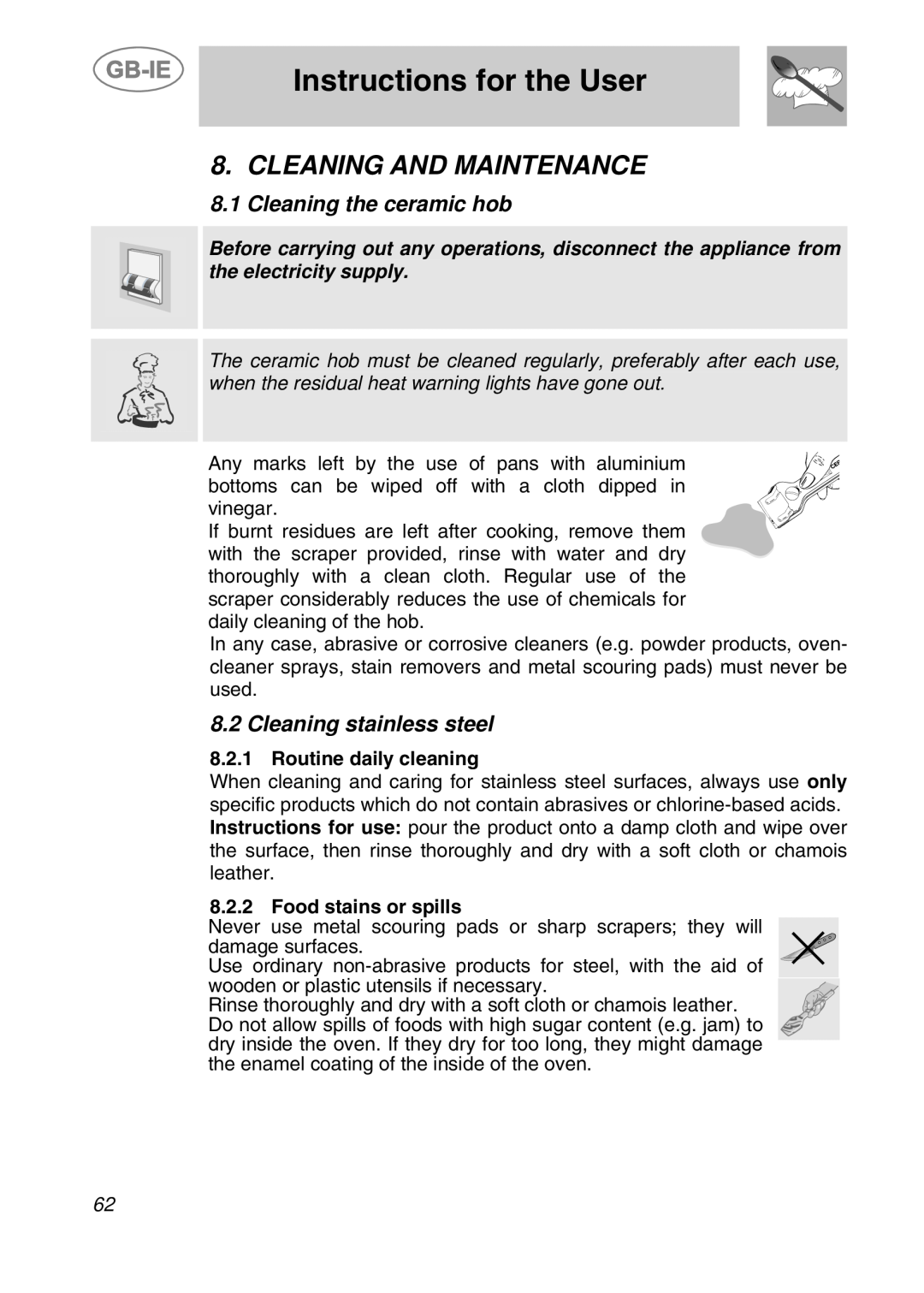 Smeg CS19ID-5 Cleaning And Maintenance, Instructions for the User, Cleaning the ceramic hob, Cleaning stainless steel 