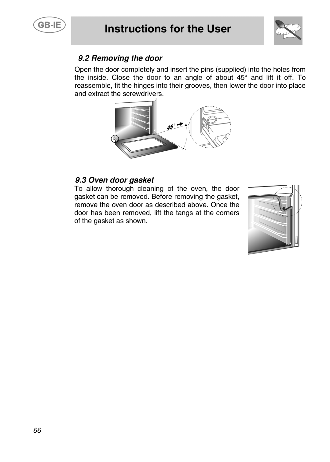 Smeg CS19ID-5 manual Instructions for the User, Removing the door, Oven door gasket 