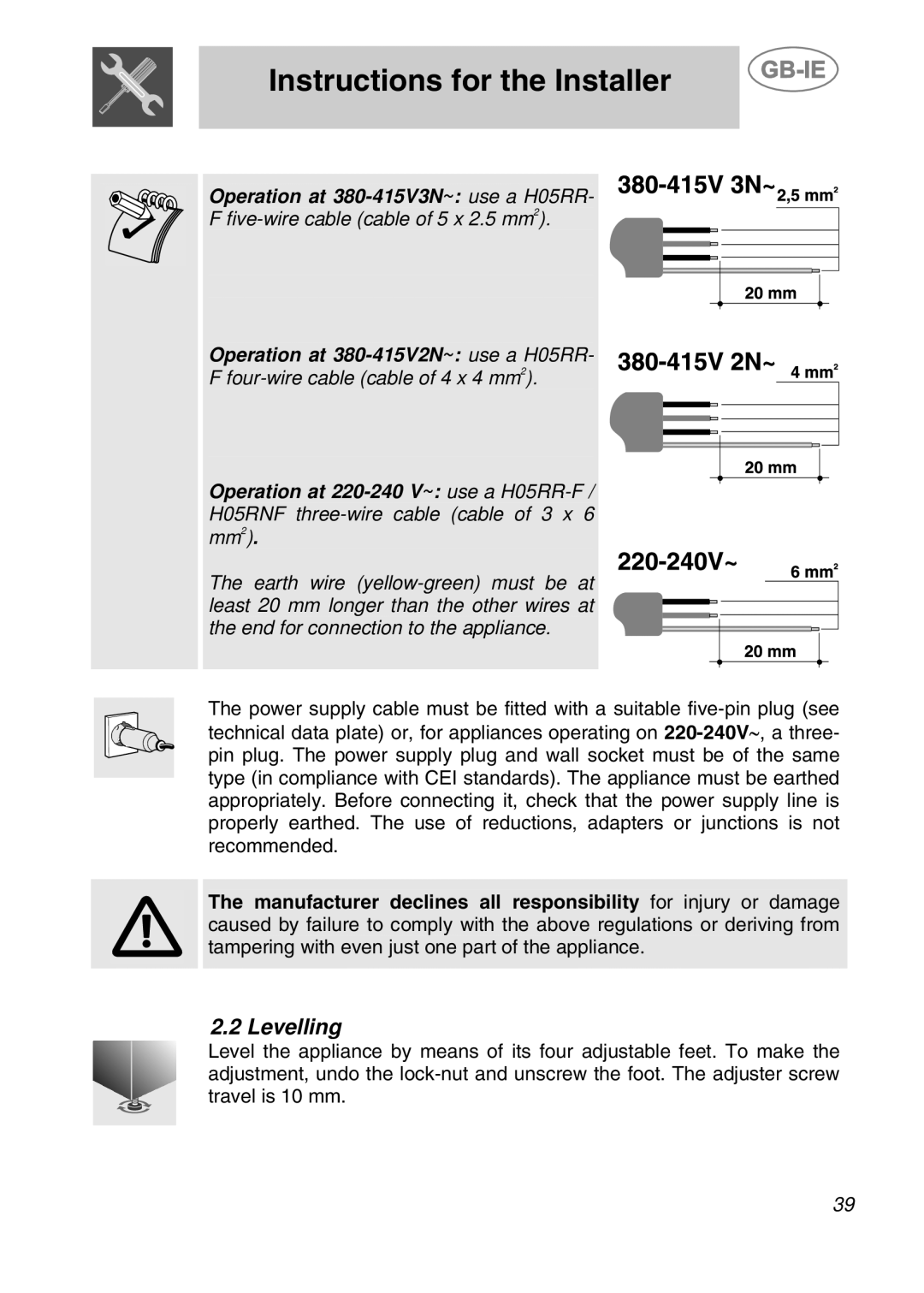 Smeg CS19ID-5 Instructions for the Installer, Operation at 380-415V3N~ use a H05RR, F five-wire cable cable of 5 x 2.5 mm2 