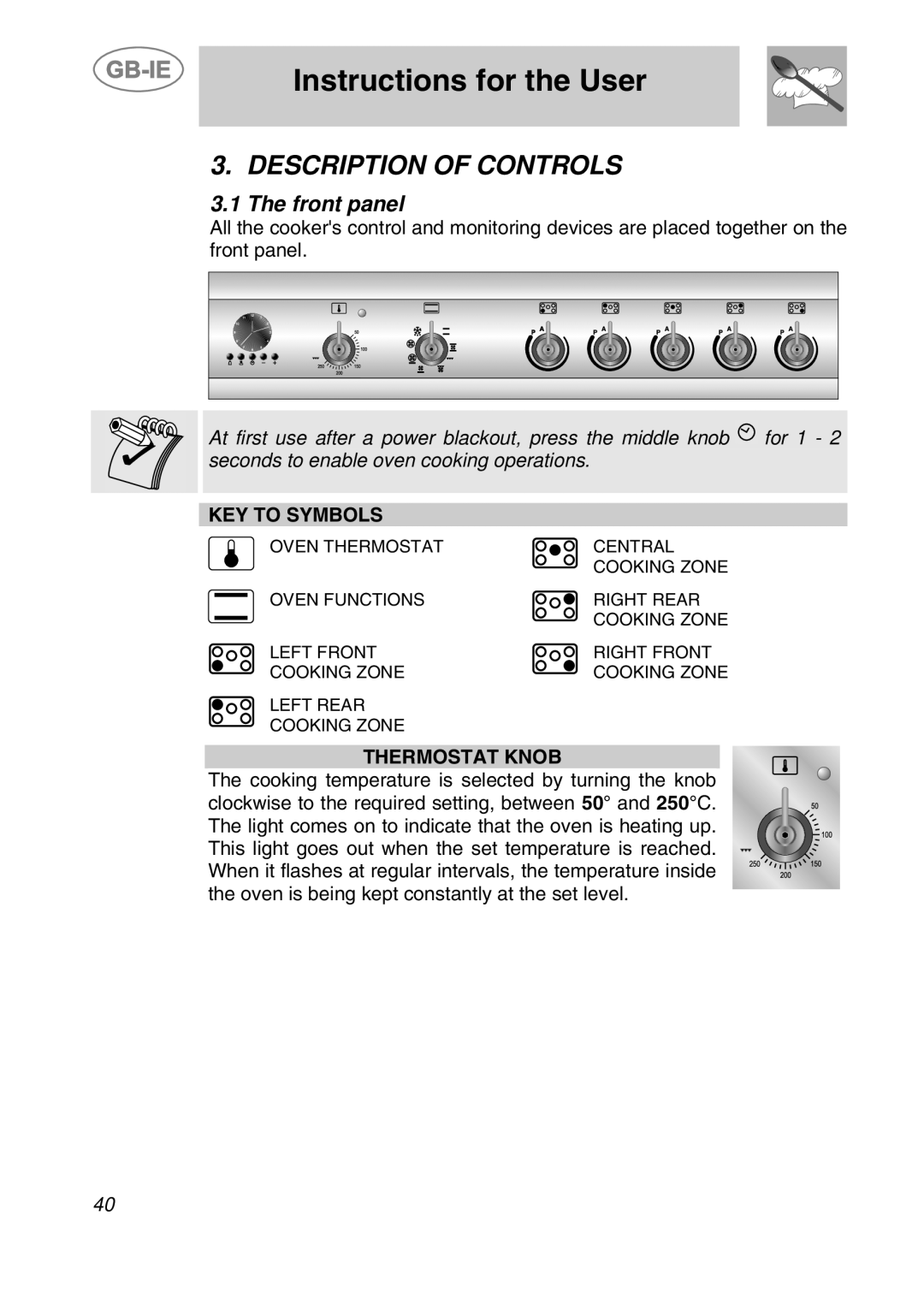 Smeg CS19ID-5 manual Instructions for the User, Description Of Controls, Key To Symbols, Thermostat Knob 