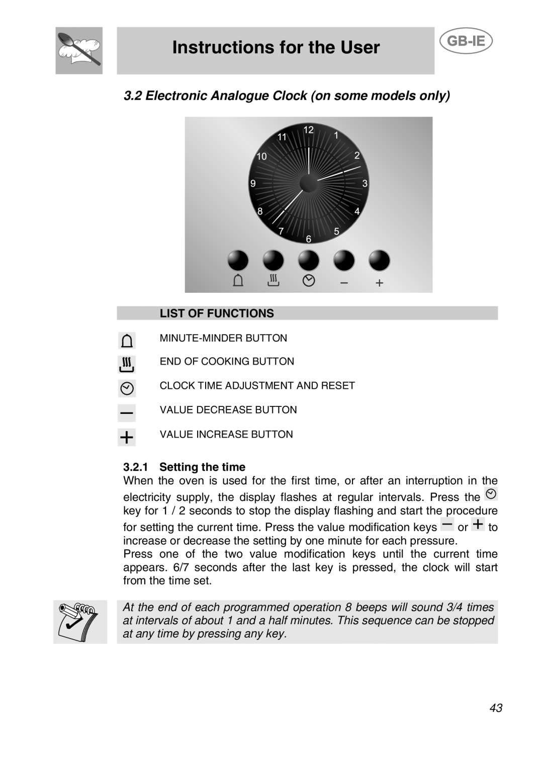 Smeg CS19ID-5 manual Instructions for the User, Electronic Analogue Clock on some models only, List Of Functions 