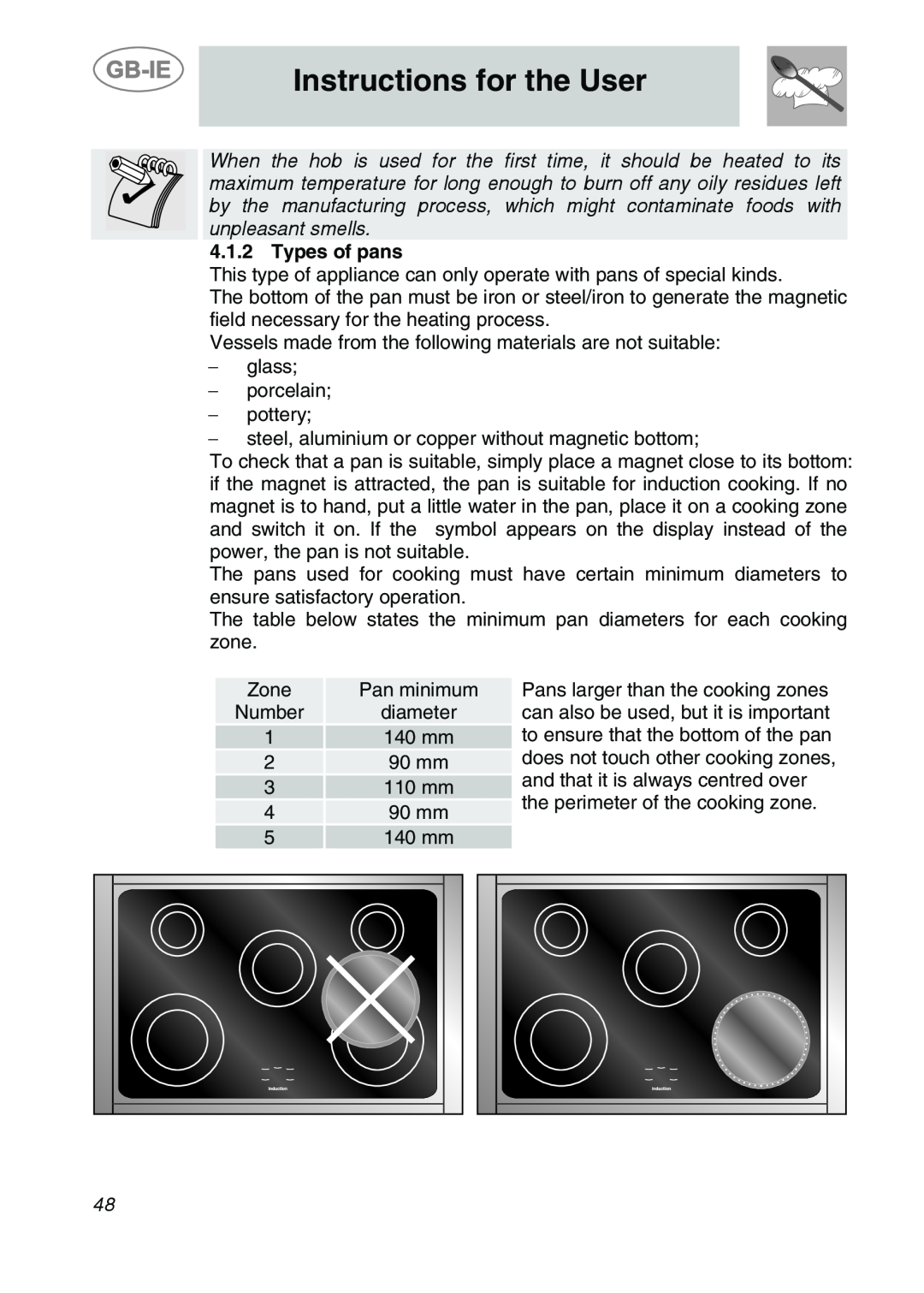 Smeg CS19IDA-6, CS19ID-6 manual Instructions for the User, Types of pans 
