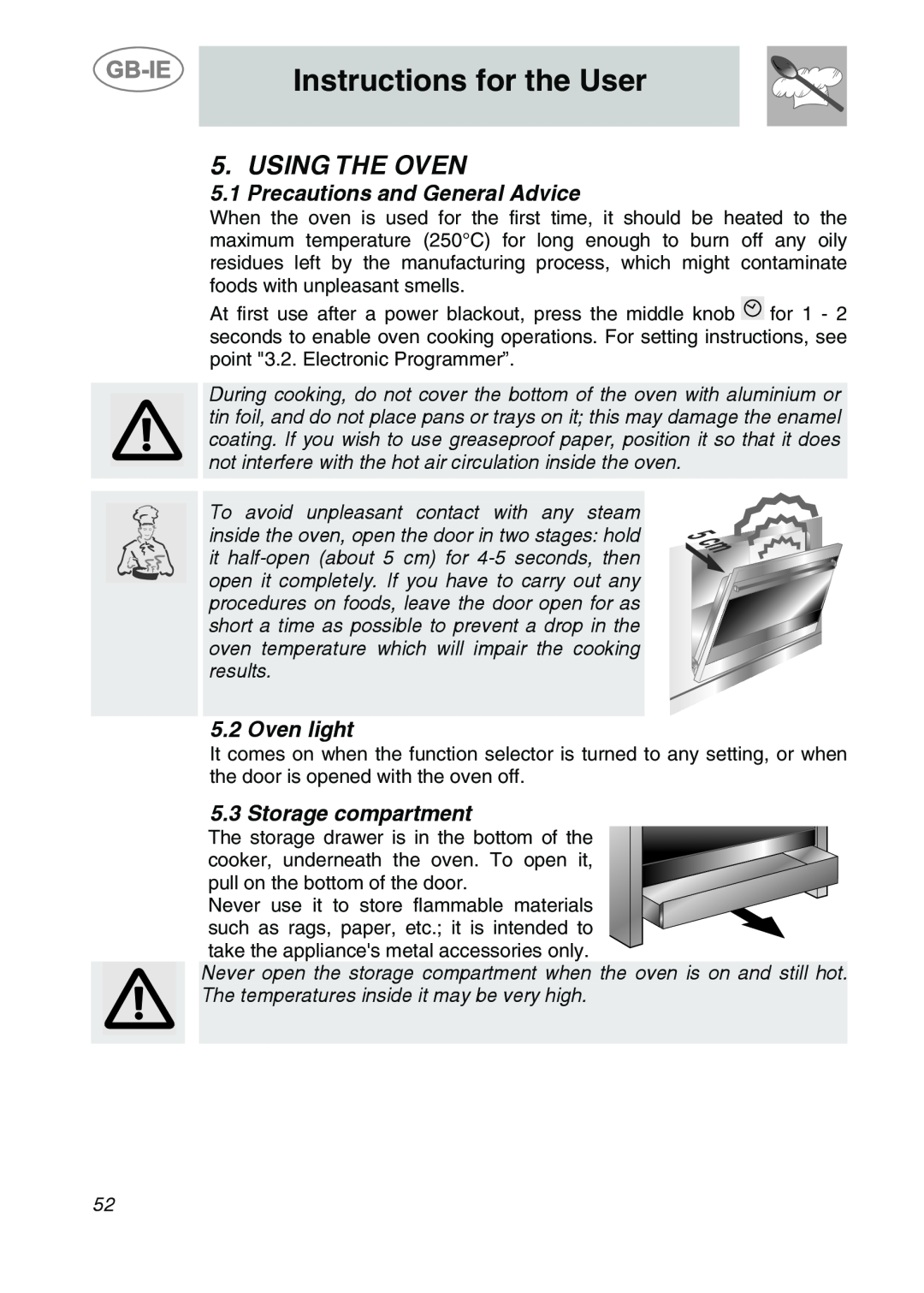 Smeg CS19IDA-6 Using The Oven, Precautions and General Advice, Oven light, Storage compartment, Instructions for the User 