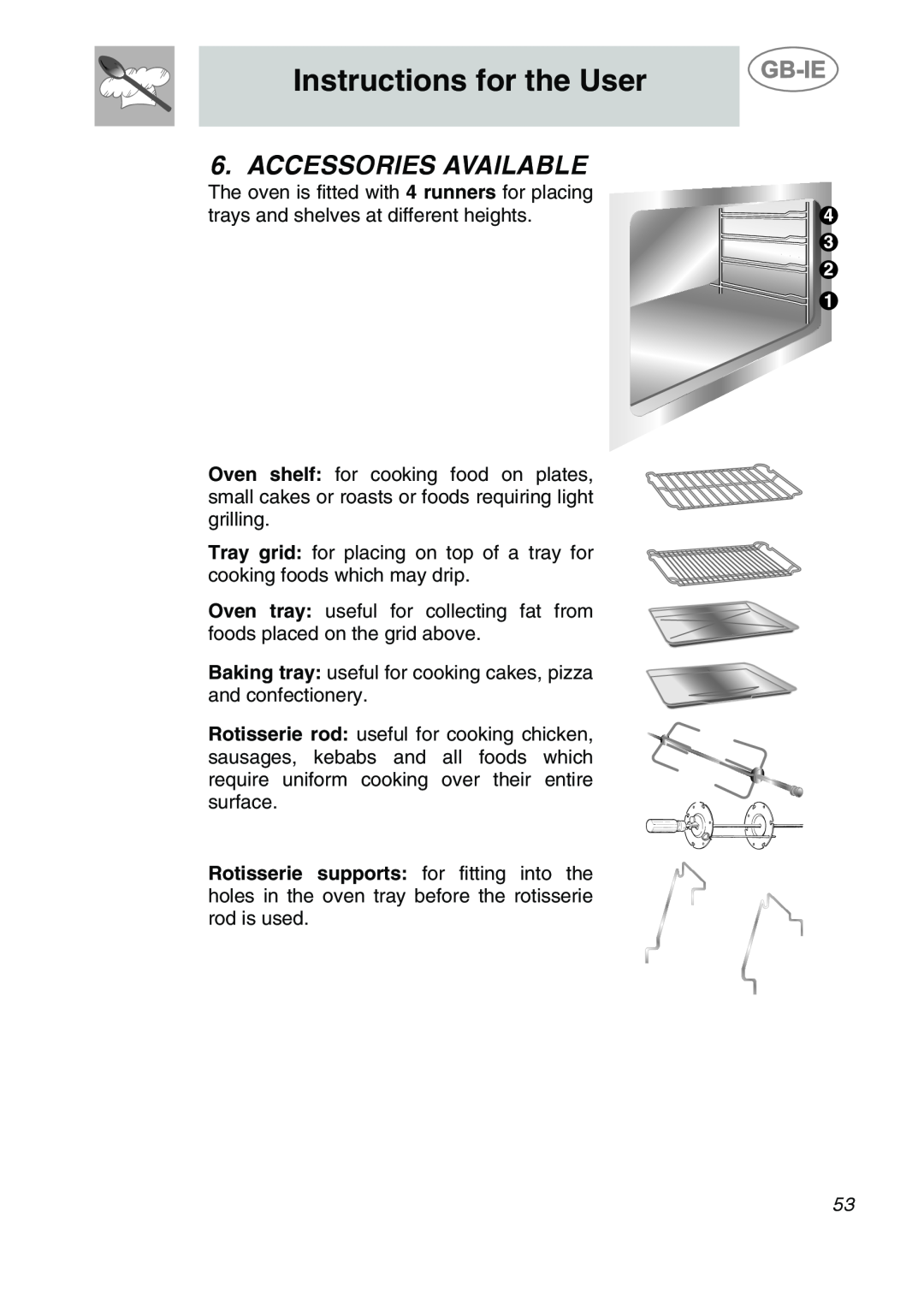Smeg CS19ID-6, CS19IDA-6 manual Accessories Available, Instructions for the User 