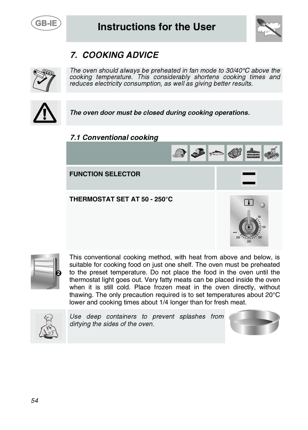 Smeg CS19IDA-6, CS19ID-6 manual Cooking Advice, Conventional cooking, Instructions for the User 