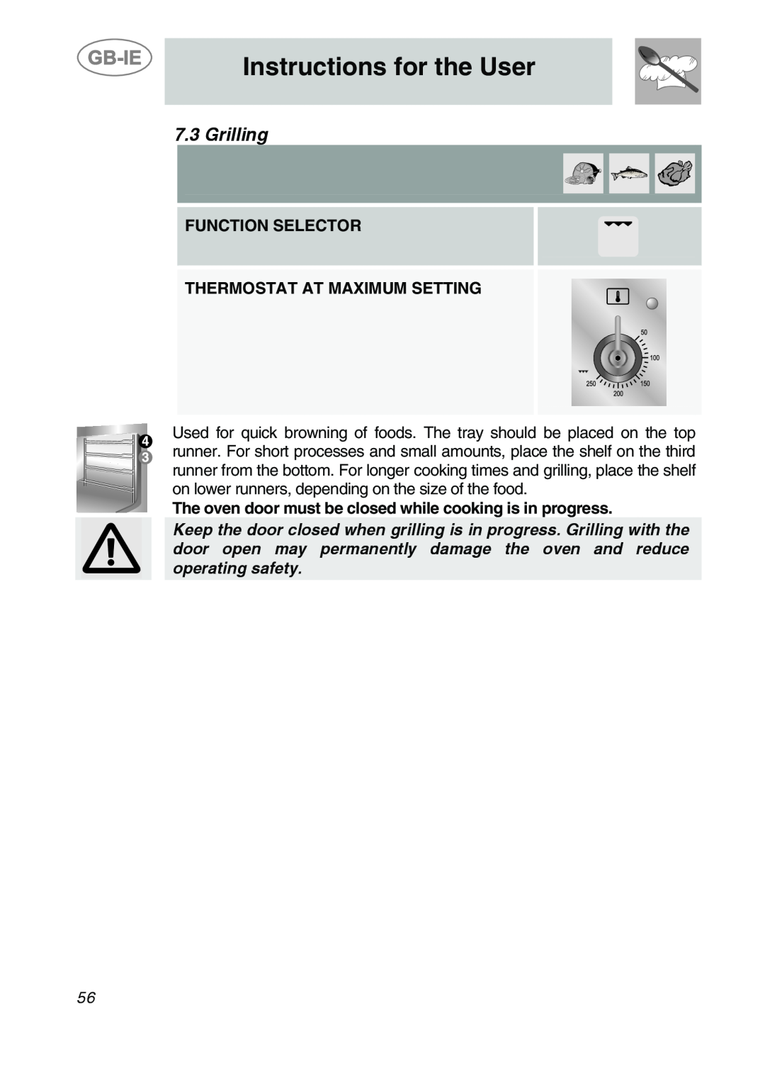 Smeg CS19IDA-6, CS19ID-6 manual Grilling, Instructions for the User, Function Selector Thermostat At Maximum Setting 