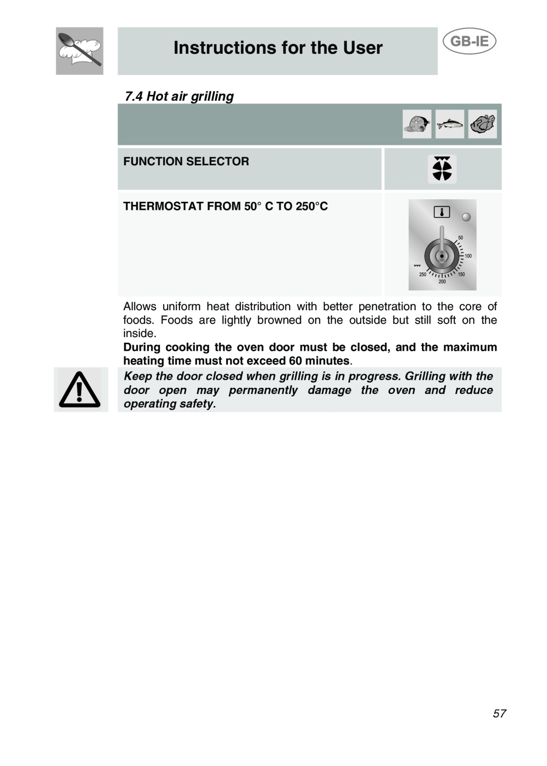 Smeg CS19ID-6, CS19IDA-6 manual Hot air grilling, Instructions for the User, FUNCTION SELECTOR THERMOSTAT FROM 50 C TO 250C 