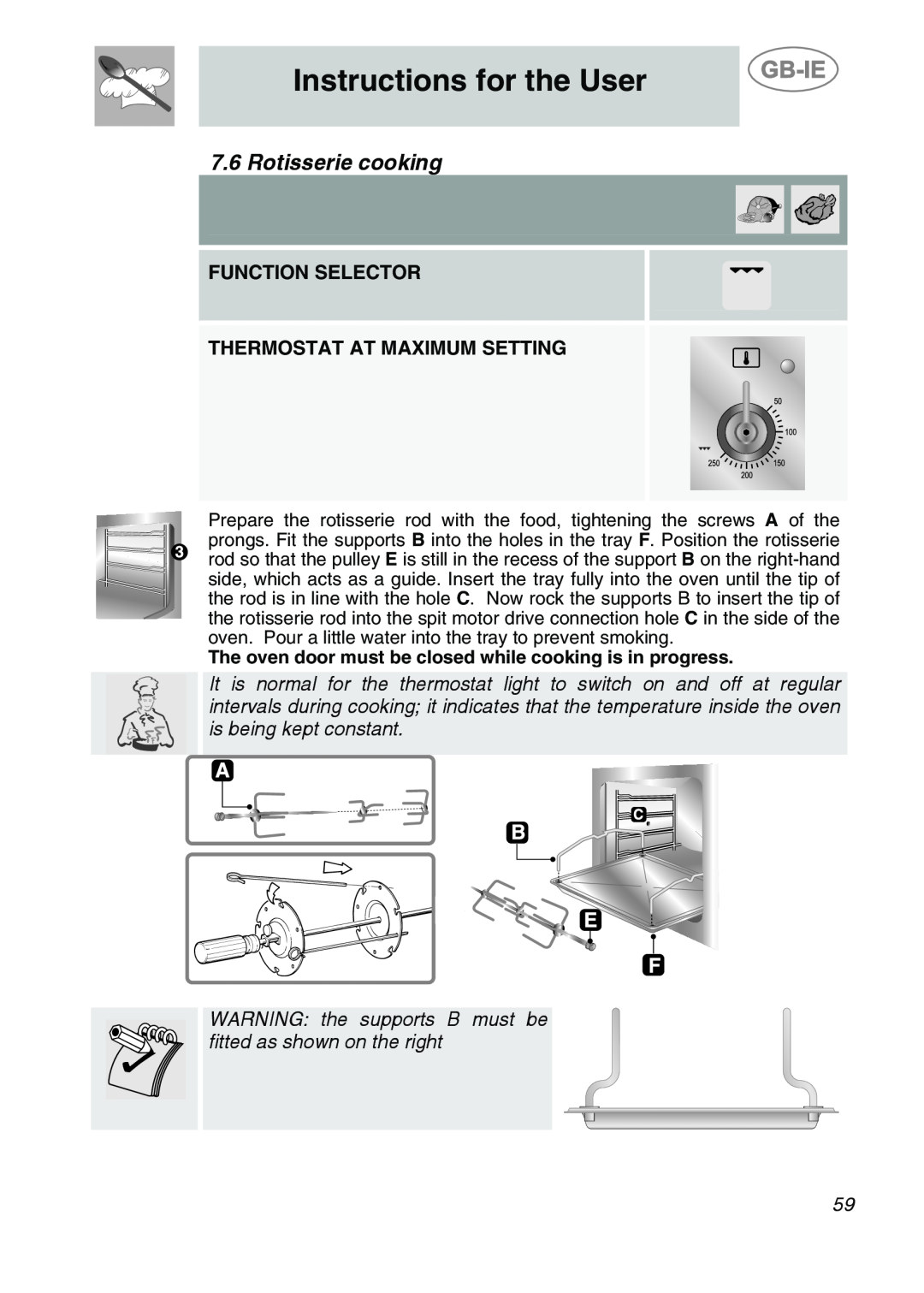 Smeg CS19ID-6, CS19IDA-6 Rotisserie cooking, Instructions for the User, Function Selector Thermostat At Maximum Setting 