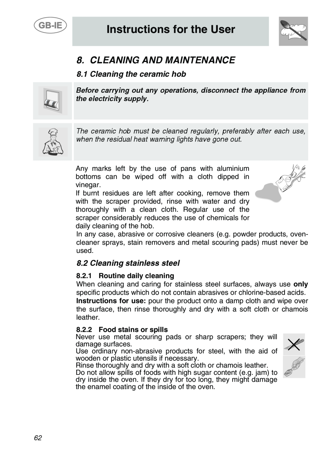 Smeg CS19IDA-6 Cleaning And Maintenance, Cleaning the ceramic hob, Cleaning stainless steel, Instructions for the User 