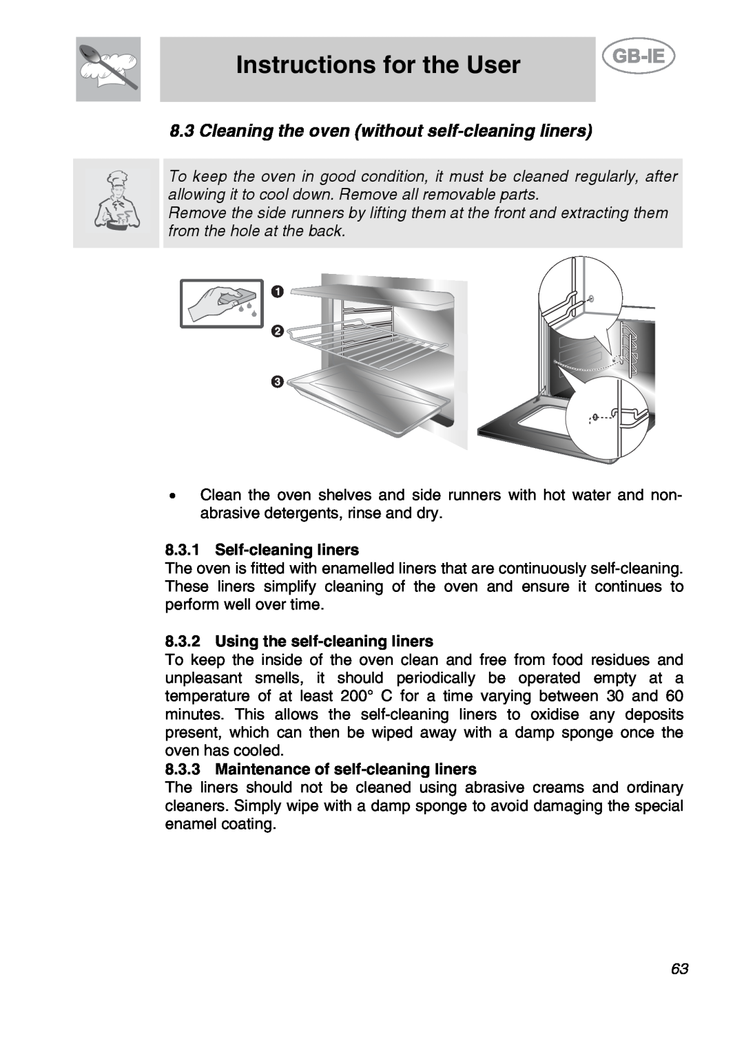 Smeg CS19ID-6, CS19IDA-6 Cleaning the oven without self-cleaning liners, Instructions for the User, Self-cleaning liners 