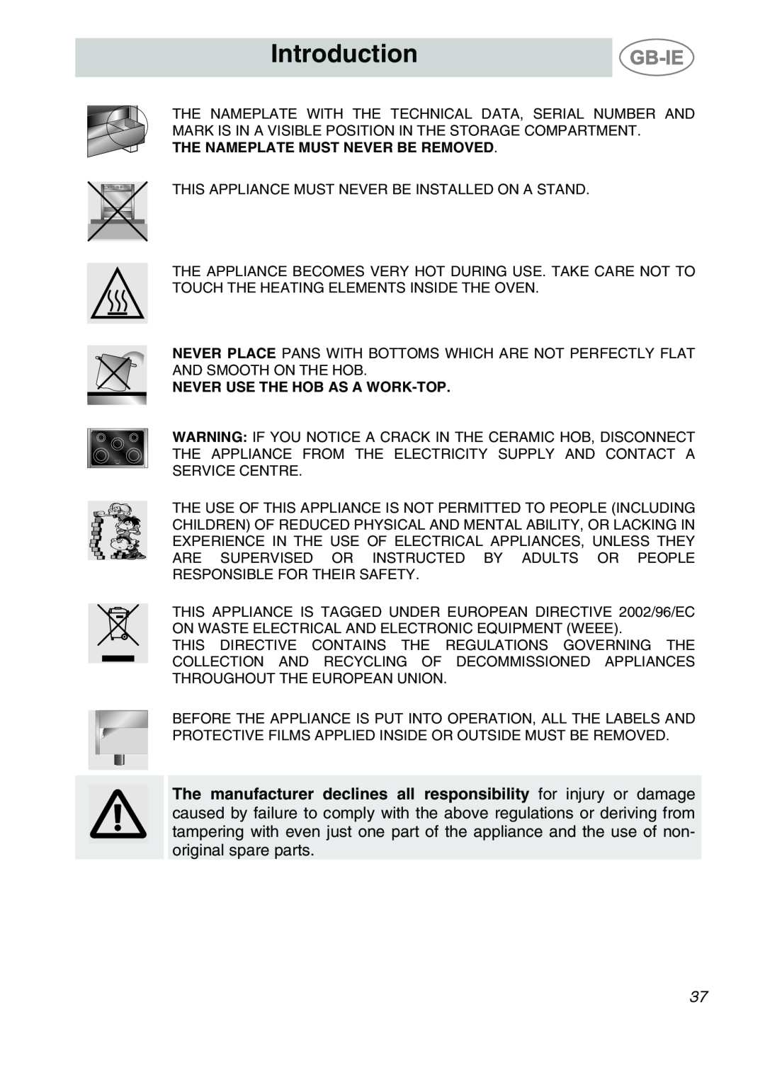 Smeg CS19ID-6, CS19IDA-6 manual Introduction, The Nameplate Must Never Be Removed, Never Use The Hob As A Work-Top 