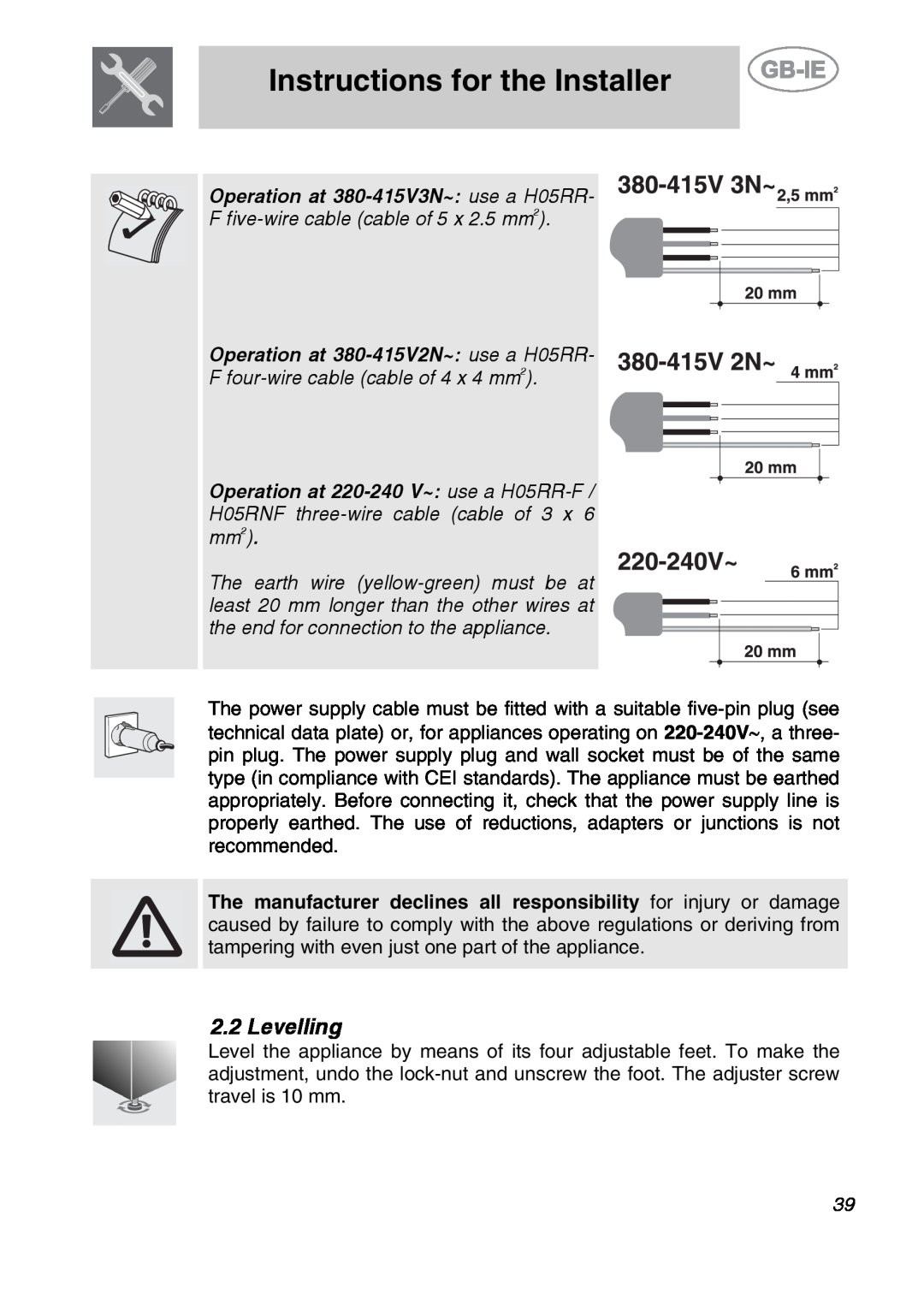 Smeg CS19ID-6, CS19IDA-6 manual Levelling, Instructions for the Installer, Operation at 380-415V3N~ use a H05RR 