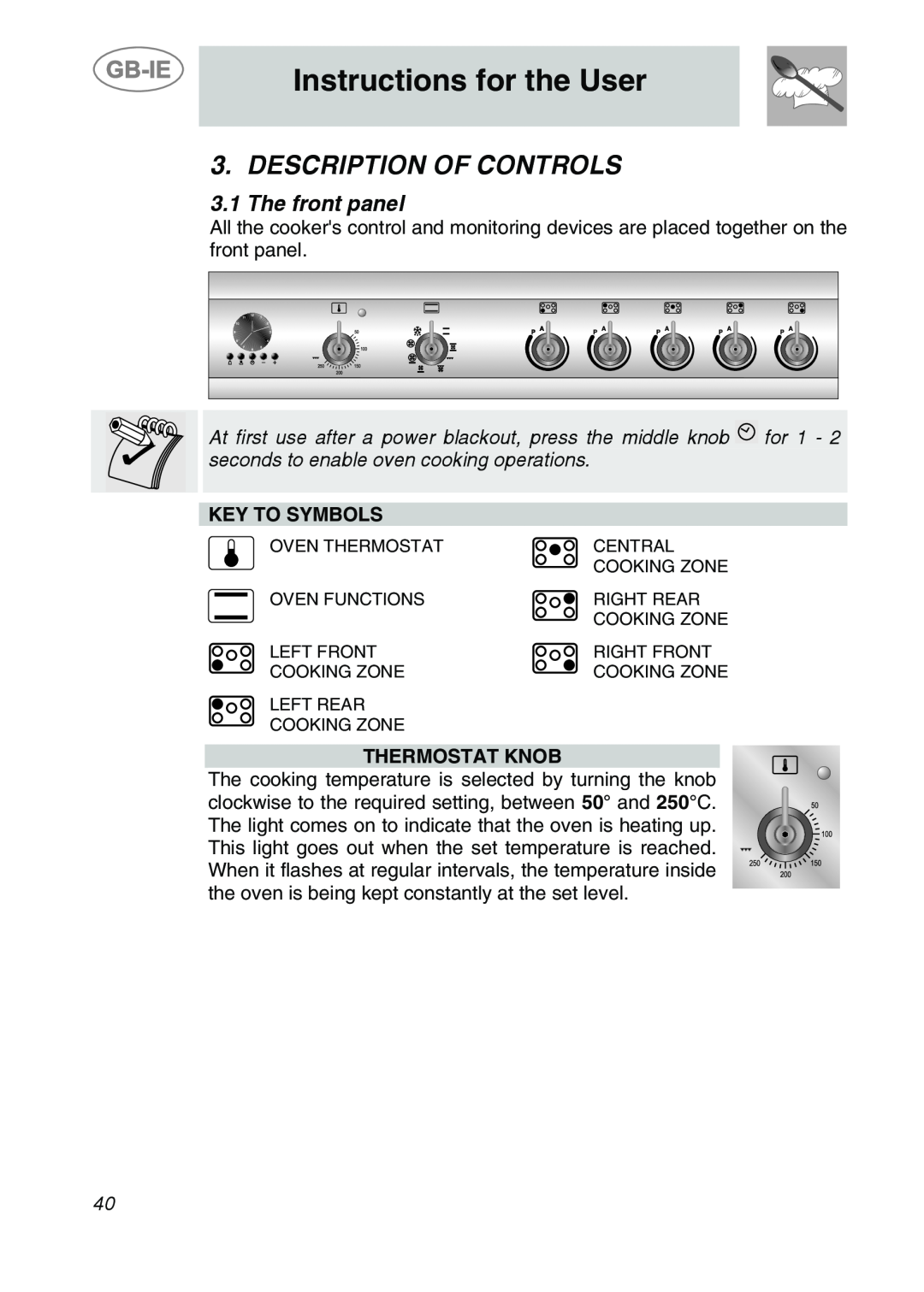 Smeg CS19IDA-6 manual Instructions for the User, Description Of Controls, The front panel, Key To Symbols, Thermostat Knob 