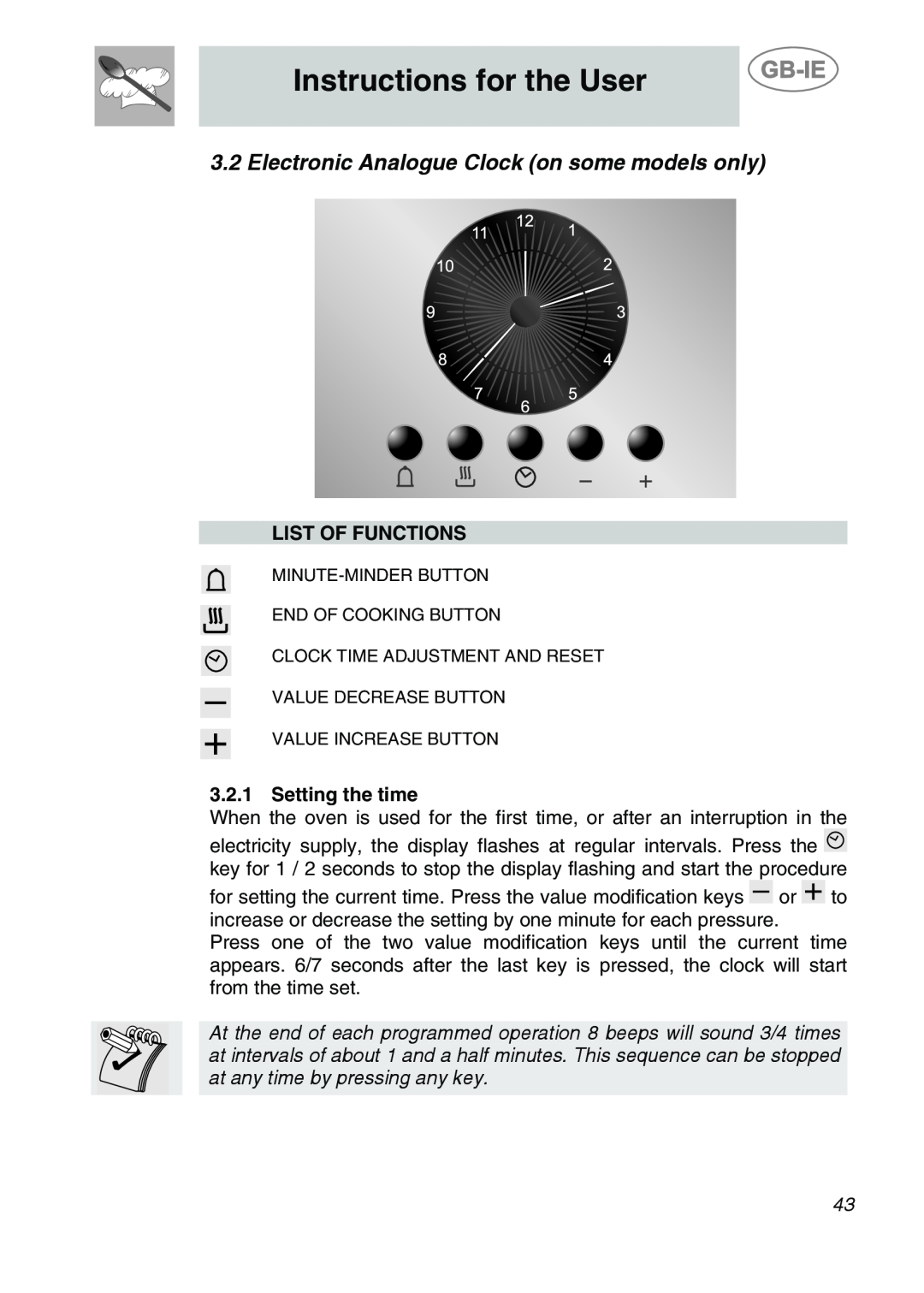 Smeg CS19ID-6, CS19IDA-6 manual Electronic Analogue Clock on some models only, Instructions for the User, List Of Functions 