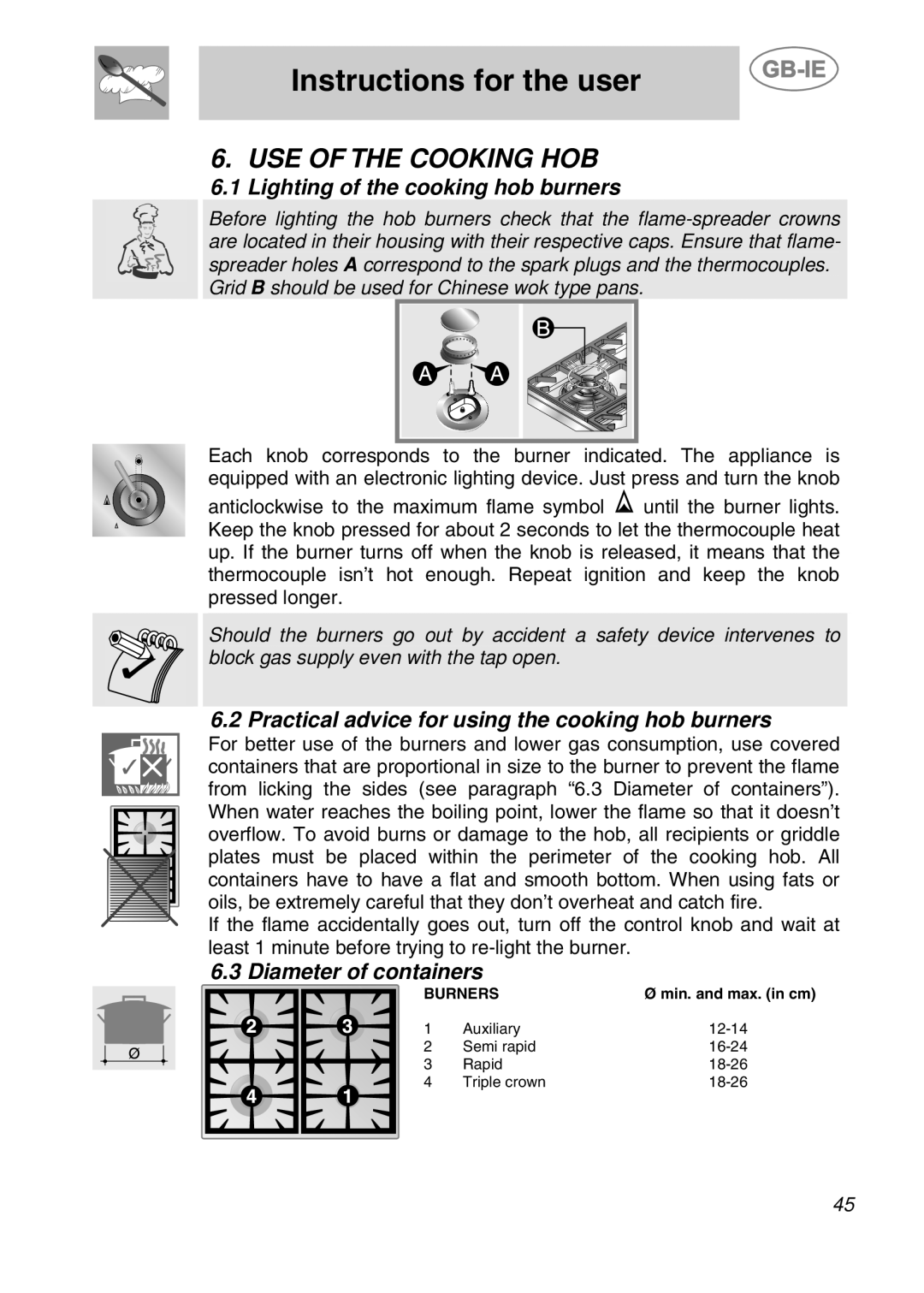 Smeg CS71-5 manual USE of the Cooking HOB, Lighting of the cooking hob burners, Diameter of containers 