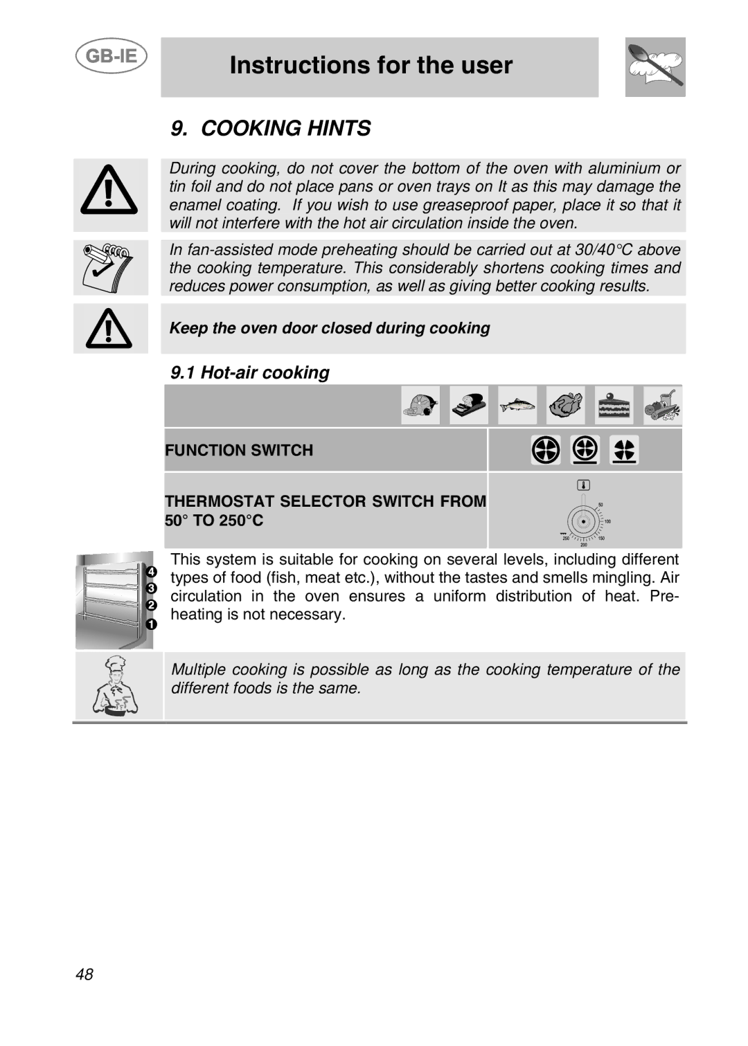 Smeg CS71-5 manual Cooking Hints, Hot-air cooking, Function Switch Thermostat Selector Switch from 50 to 250C 