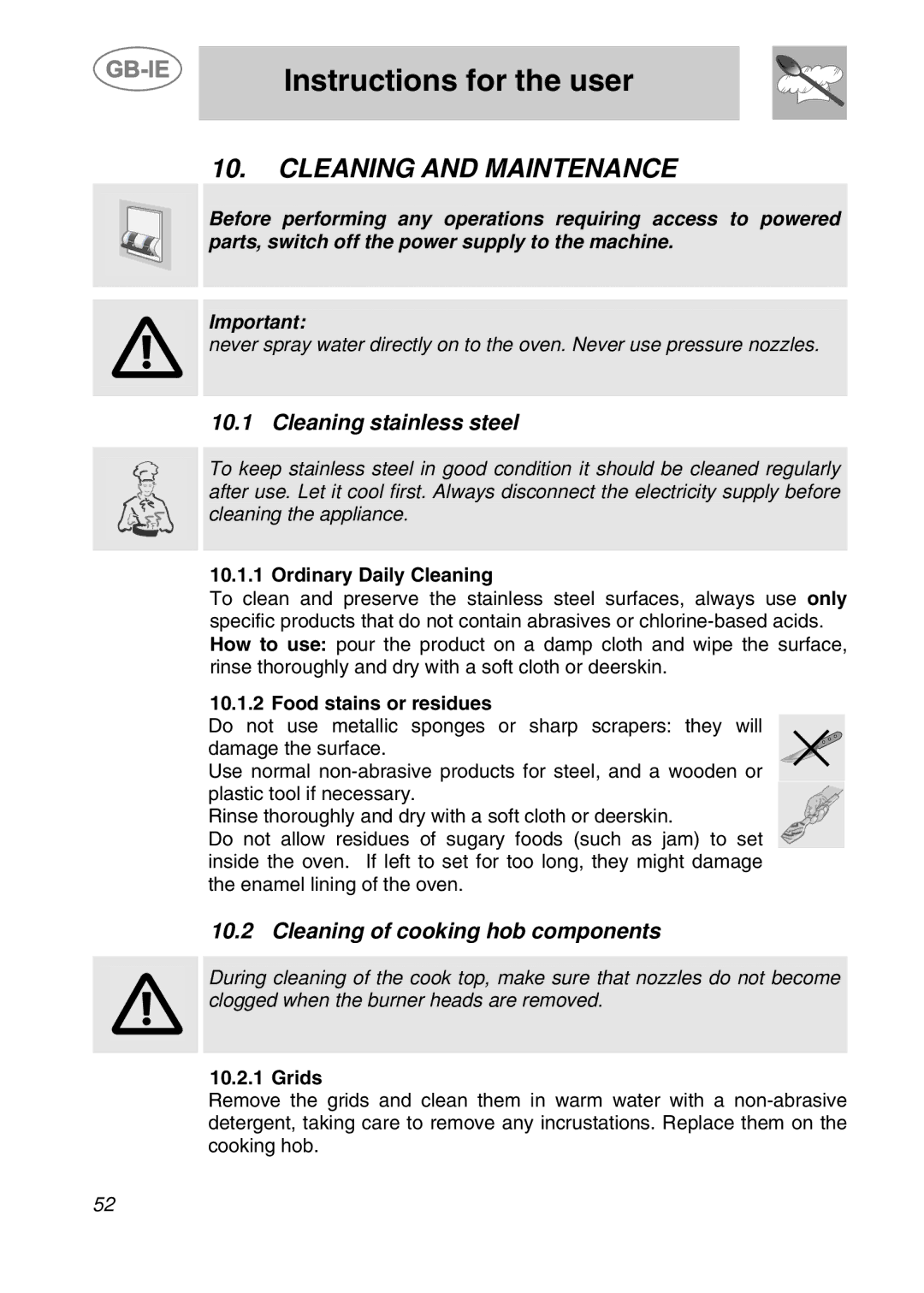 Smeg CS71-5 manual Cleaning and Maintenance, Cleaning stainless steel, Cleaning of cooking hob components 