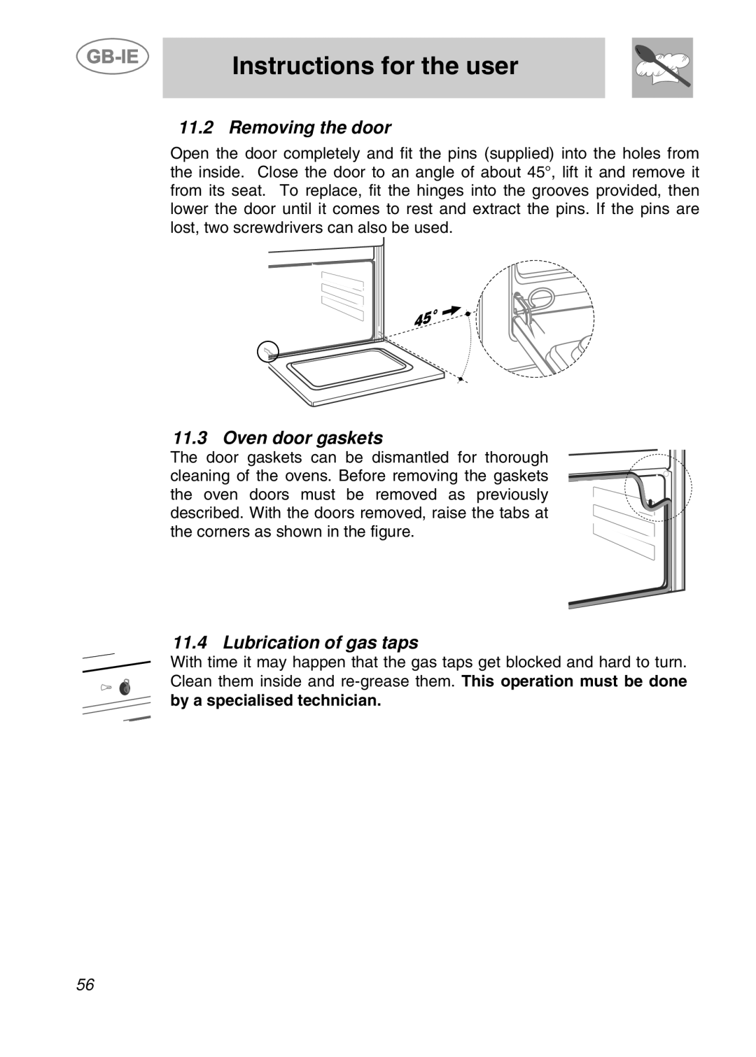 Smeg CS71-5 manual Removing the door, Oven door gaskets, Lubrication of gas taps 