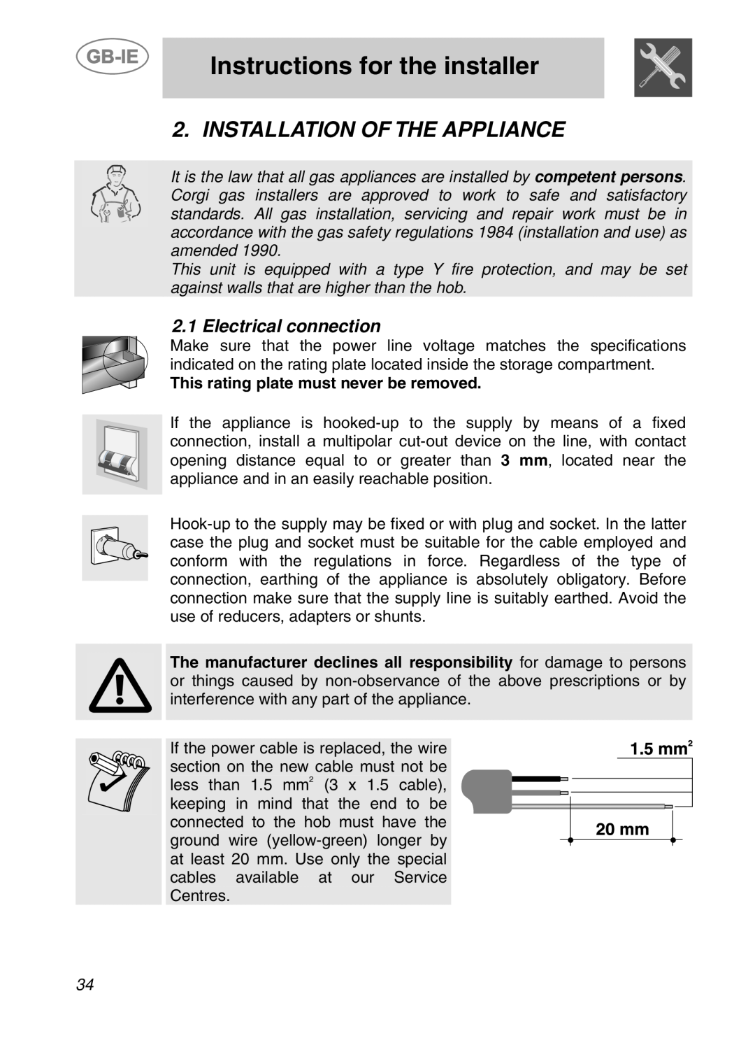 Smeg CS71-5 manual Instructions for the installer, Installation Of The Appliance, Electrical connection 