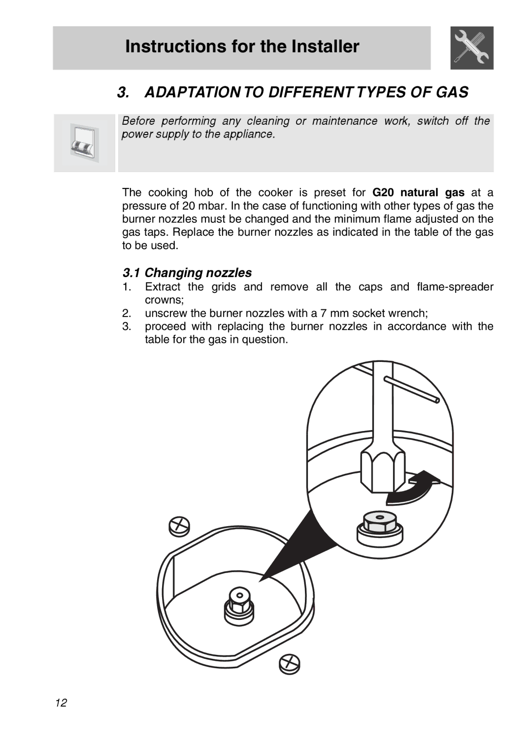 Smeg CSA150X-6 manual Adaptation to Different Types of GAS, Changing nozzles 