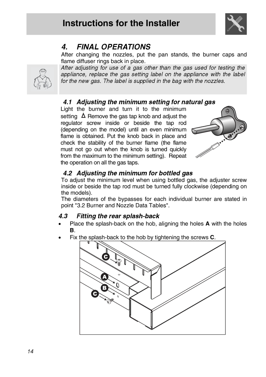 Smeg CSA150X-6 Final Operations, Adjusting the minimum setting for natural gas, Adjusting the minimum for bottled gas 