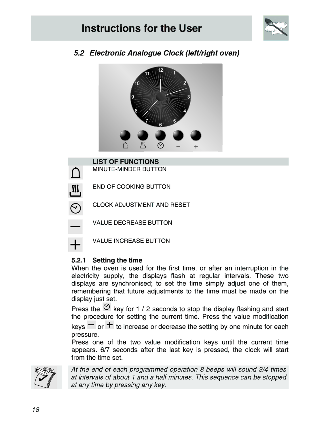 Smeg CSA150X-6 manual Electronic Analogue Clock left/right oven, List of Functions, Setting the time 