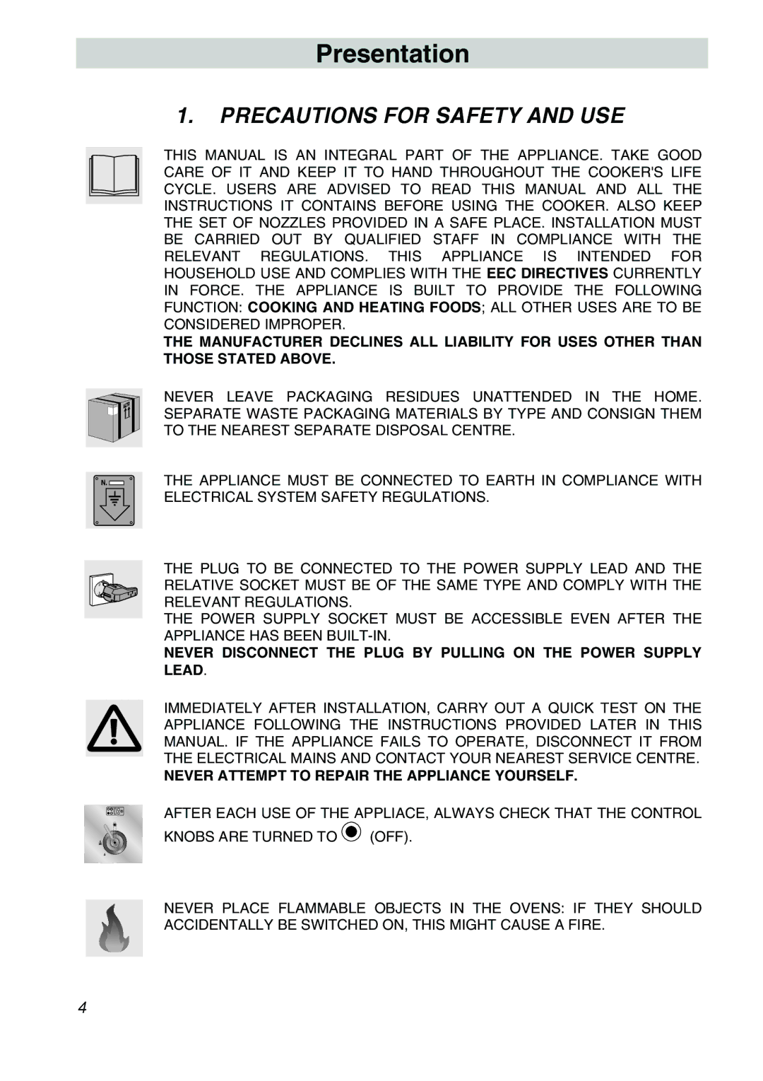 Smeg CSA150X-6 manual Presentation, Precautions for Safety and USE 