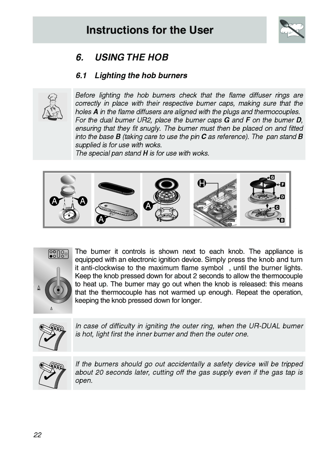 Smeg CSA150X-6 manual Using the HOB, Lighting the hob burners 