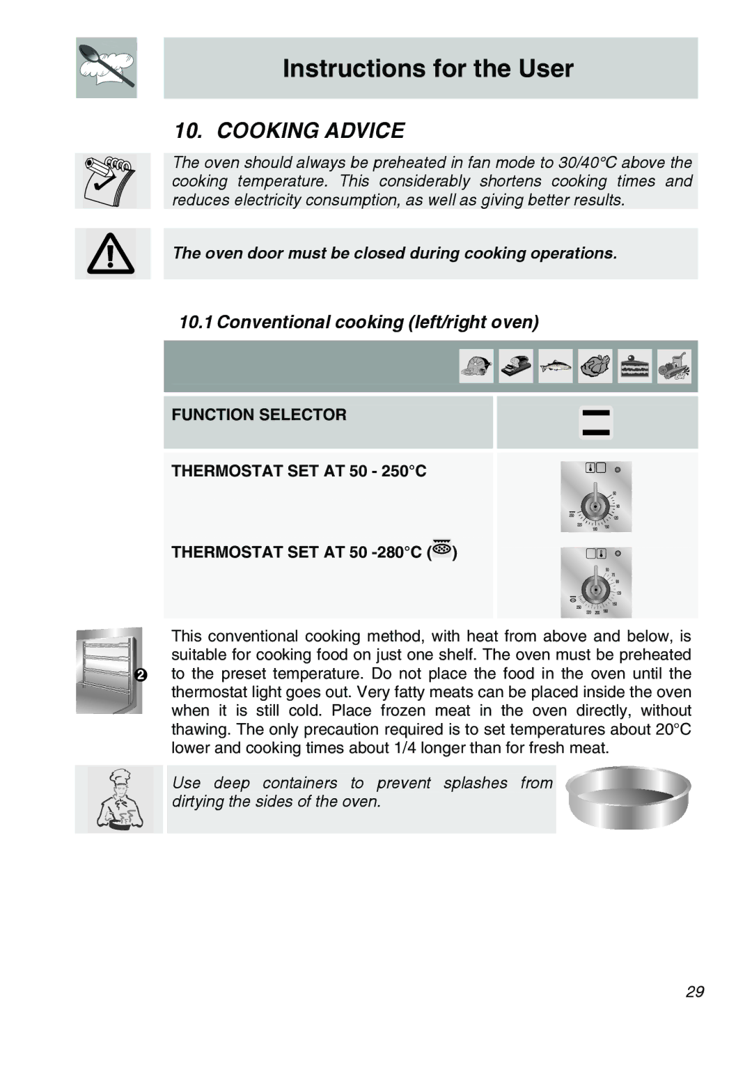 Smeg CSA150X-6 manual Cooking Advice, Conventional cooking left/right oven 