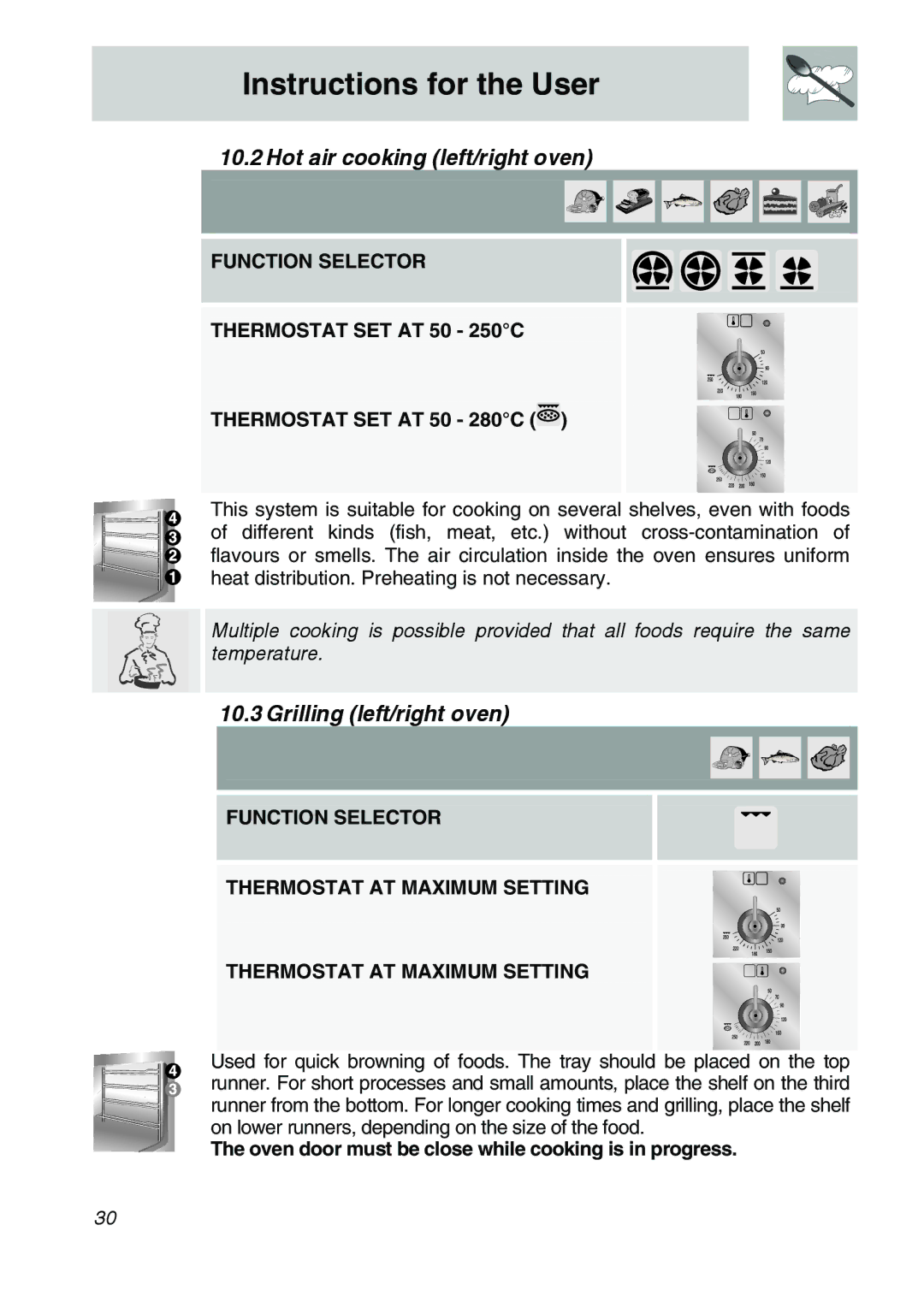 Smeg CSA150X-6 Hot air cooking left/right oven, Grilling left/right oven, Function Selector Thermostat SET AT 50 250C 