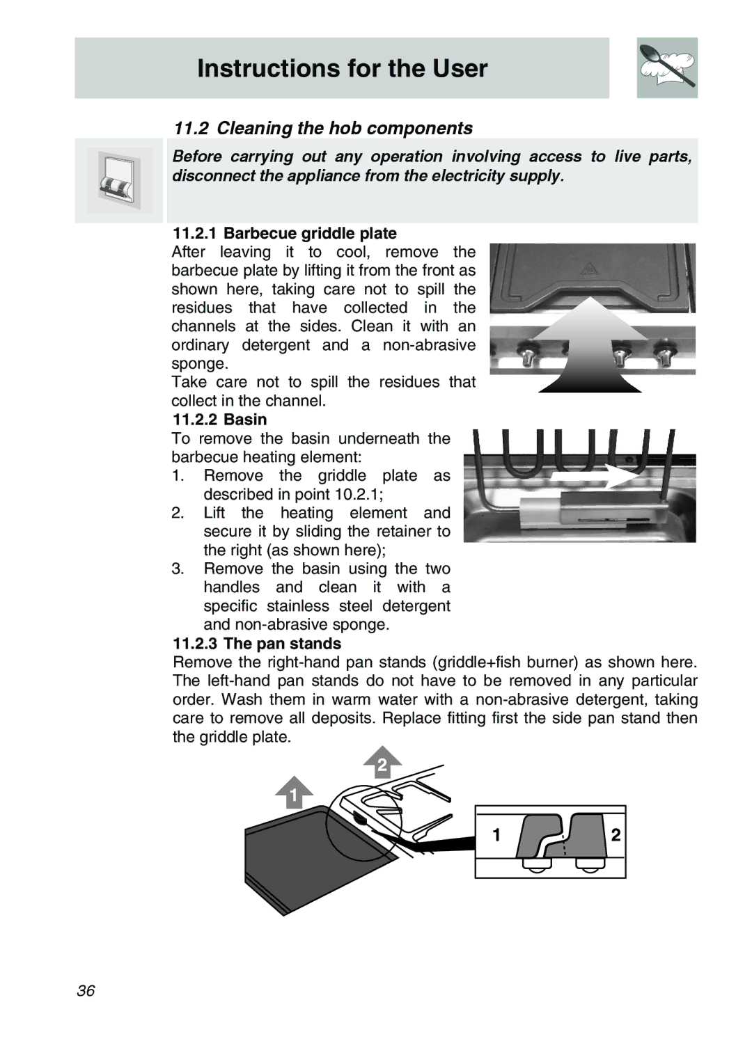 Smeg CSA150X-6 manual Cleaning the hob components, Barbecue griddle plate, Basin, Pan stands 