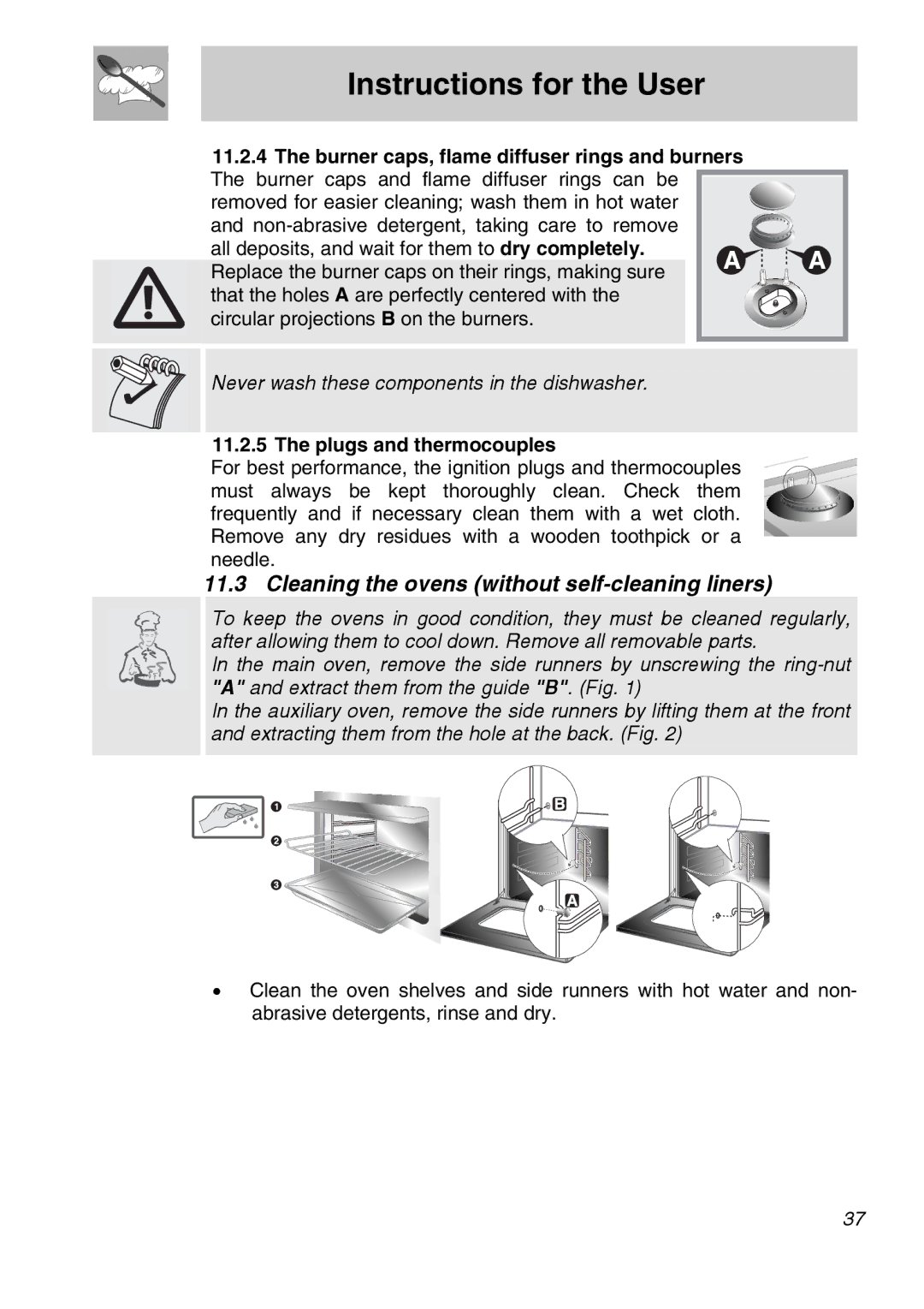 Smeg CSA150X-6 manual Cleaning the ovens without self-cleaning liners, Plugs and thermocouples 