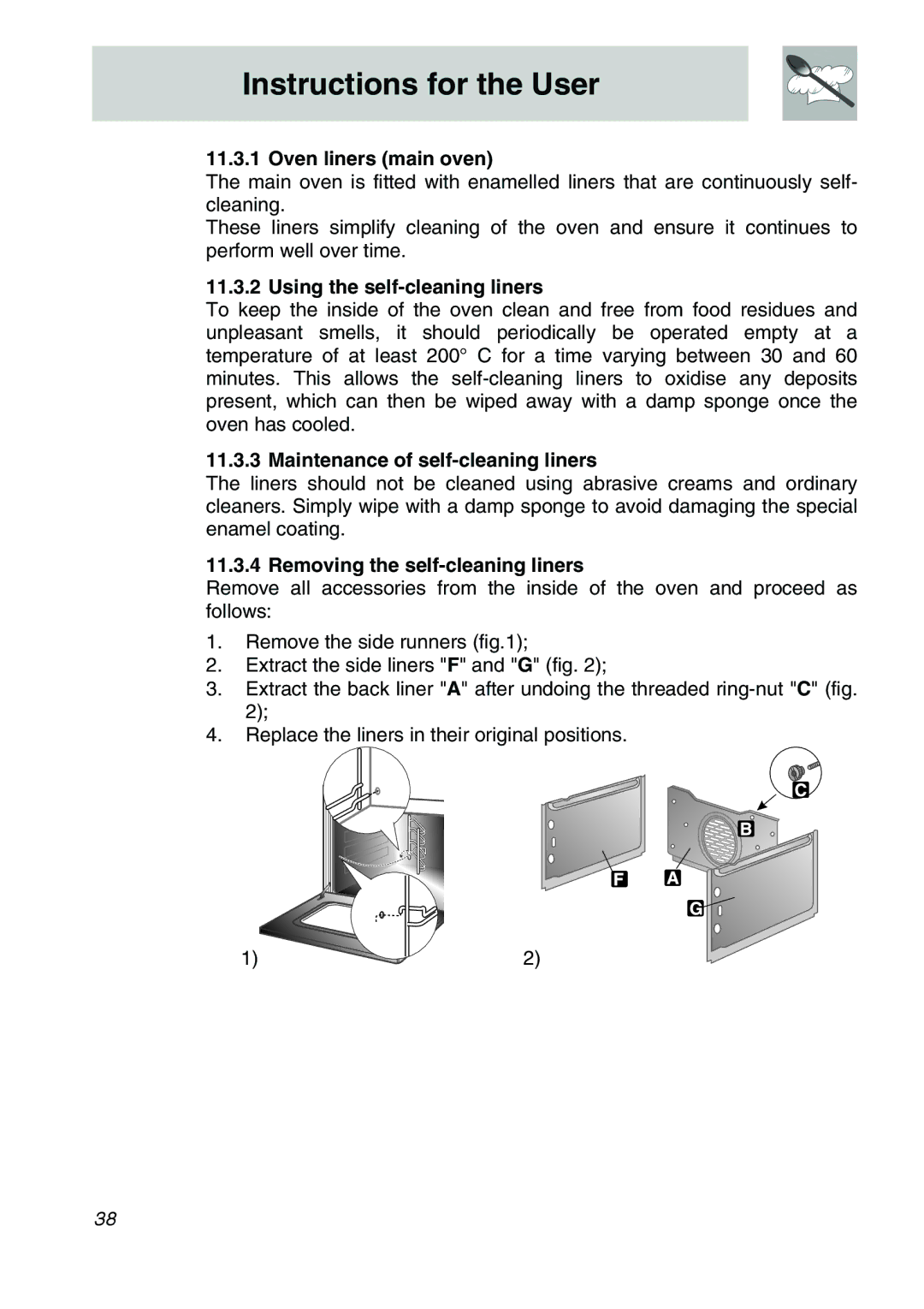 Smeg CSA150X-6 manual Oven liners main oven, Using the self-cleaning liners, Maintenance of self-cleaning liners 