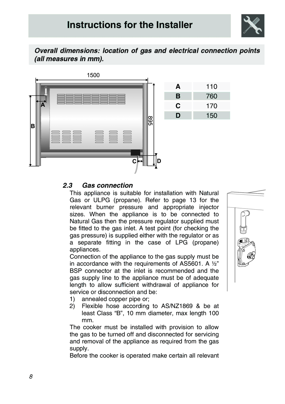 Smeg CSA150X-6 manual Gas connection 