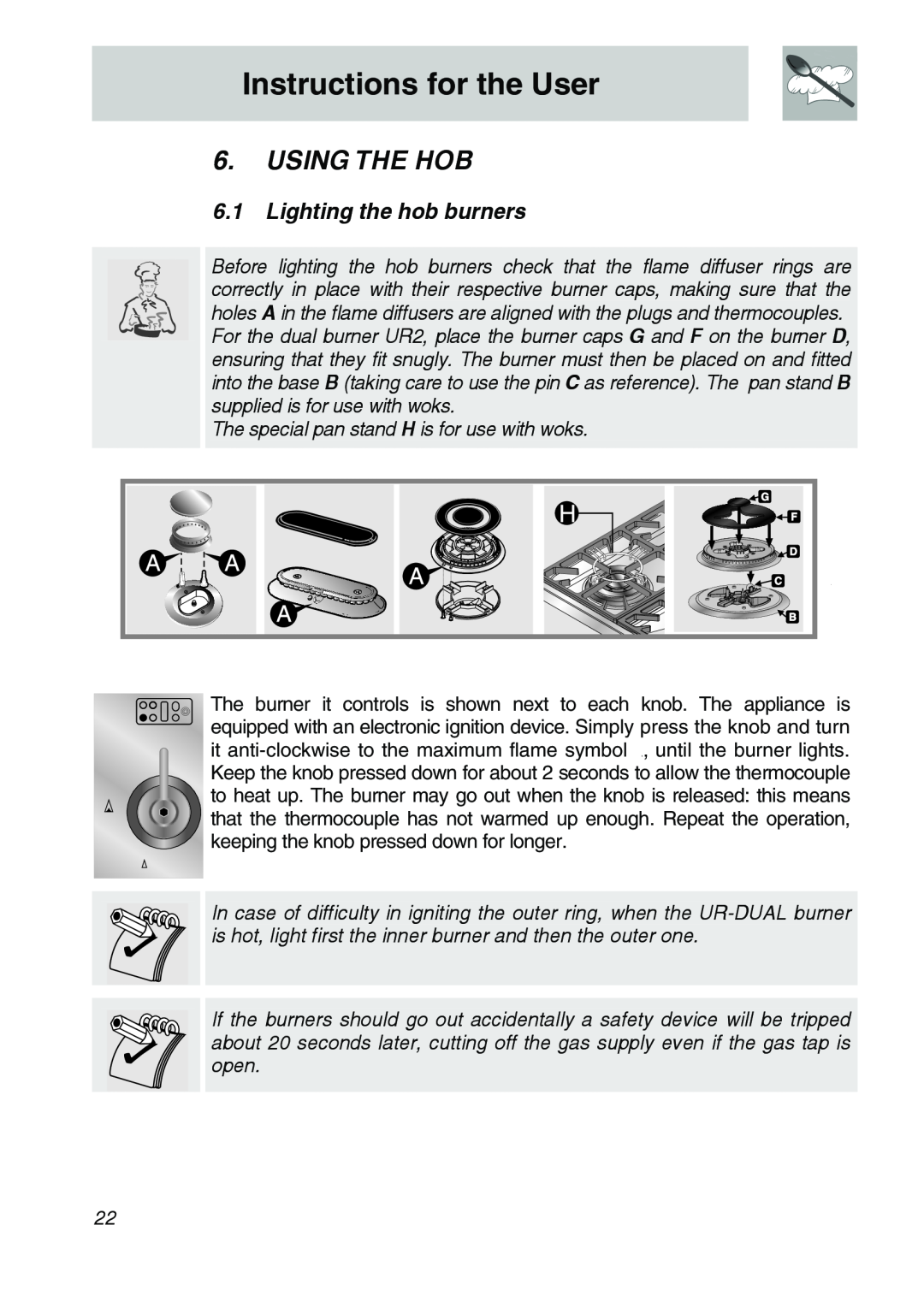 Smeg CSA150X-6 manual Using The Hob, 6.1Lighting the hob burners, Instructions for the User 