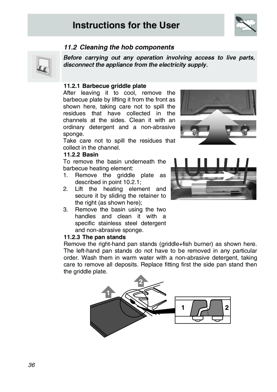 Smeg CSA150X-6 Cleaning the hob components, Barbecue griddle plate, Basin, 11.2.3The pan stands, Instructions for the User 