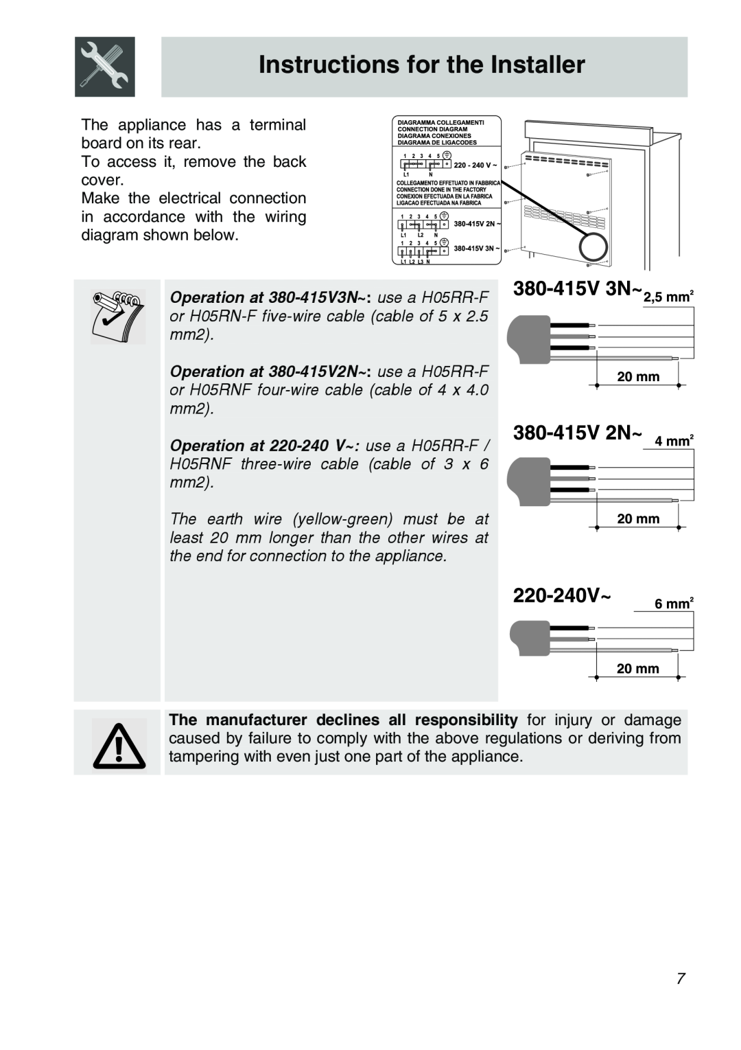 Smeg CSA150X-6 manual Instructions for the Installer, The appliance has a terminal board on its rear 