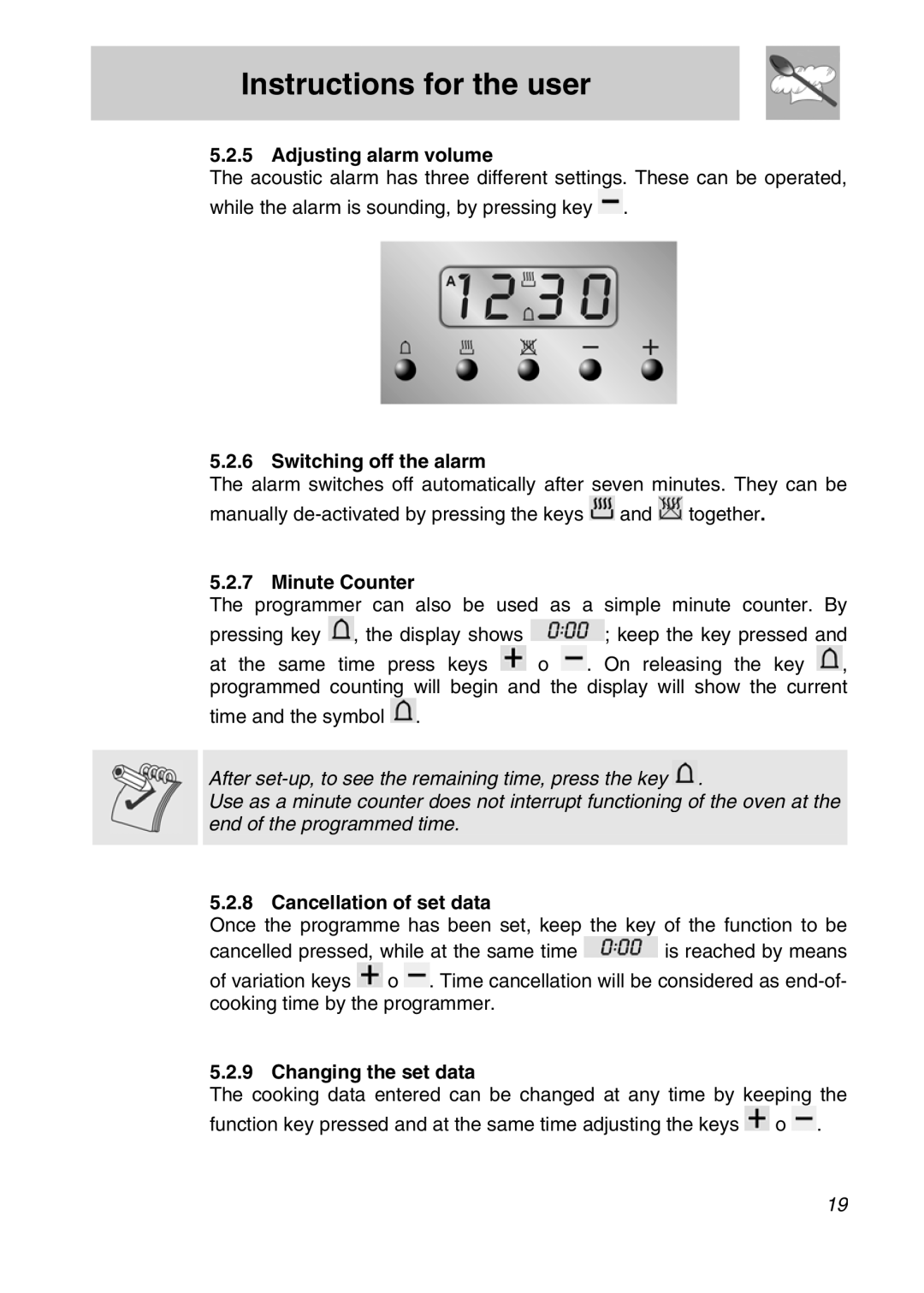 Smeg CSA19ID-6 manual Adjusting alarm volume, Switching off the alarm, Minute Counter, Cancellation of set data 