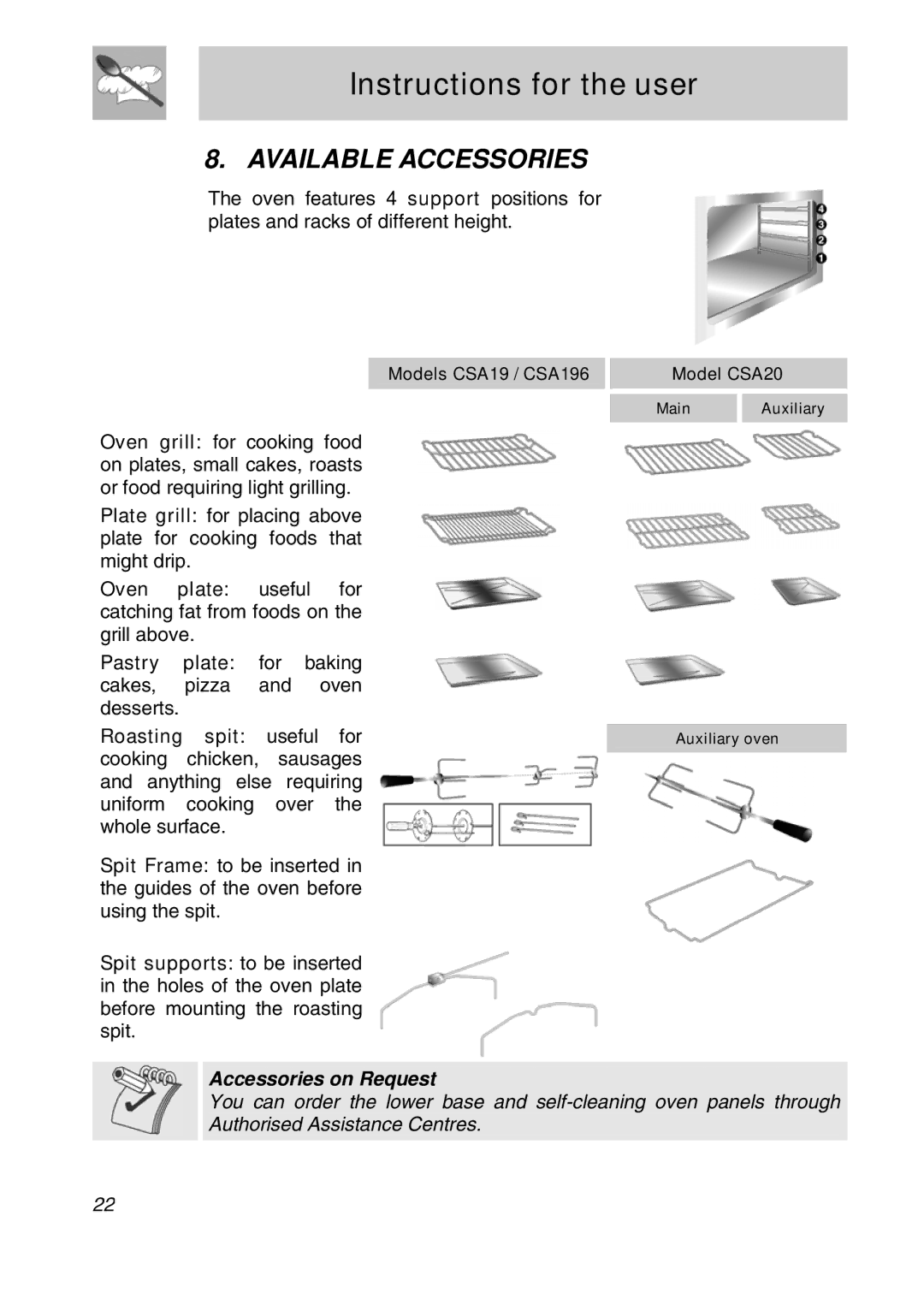 Smeg CSA19ID-6 manual Available Accessories, Accessories on Request 