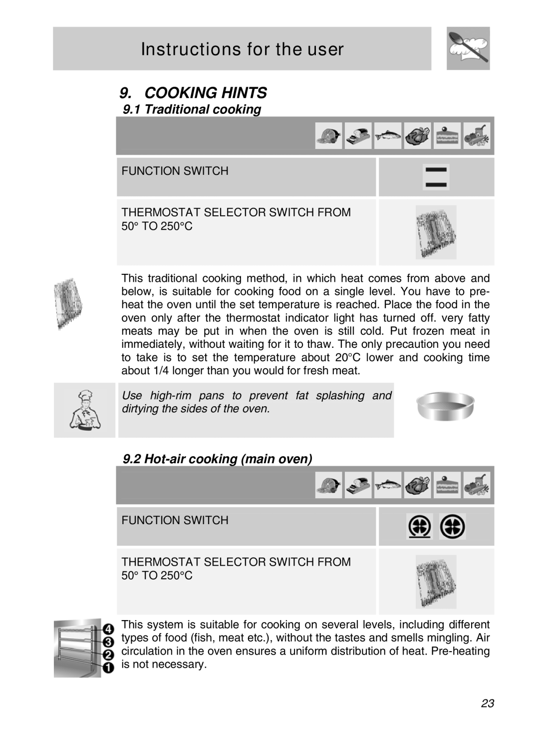 Smeg CSA19ID-6 manual Cooking Hints, Traditional cooking, Hot-air cooking main oven 