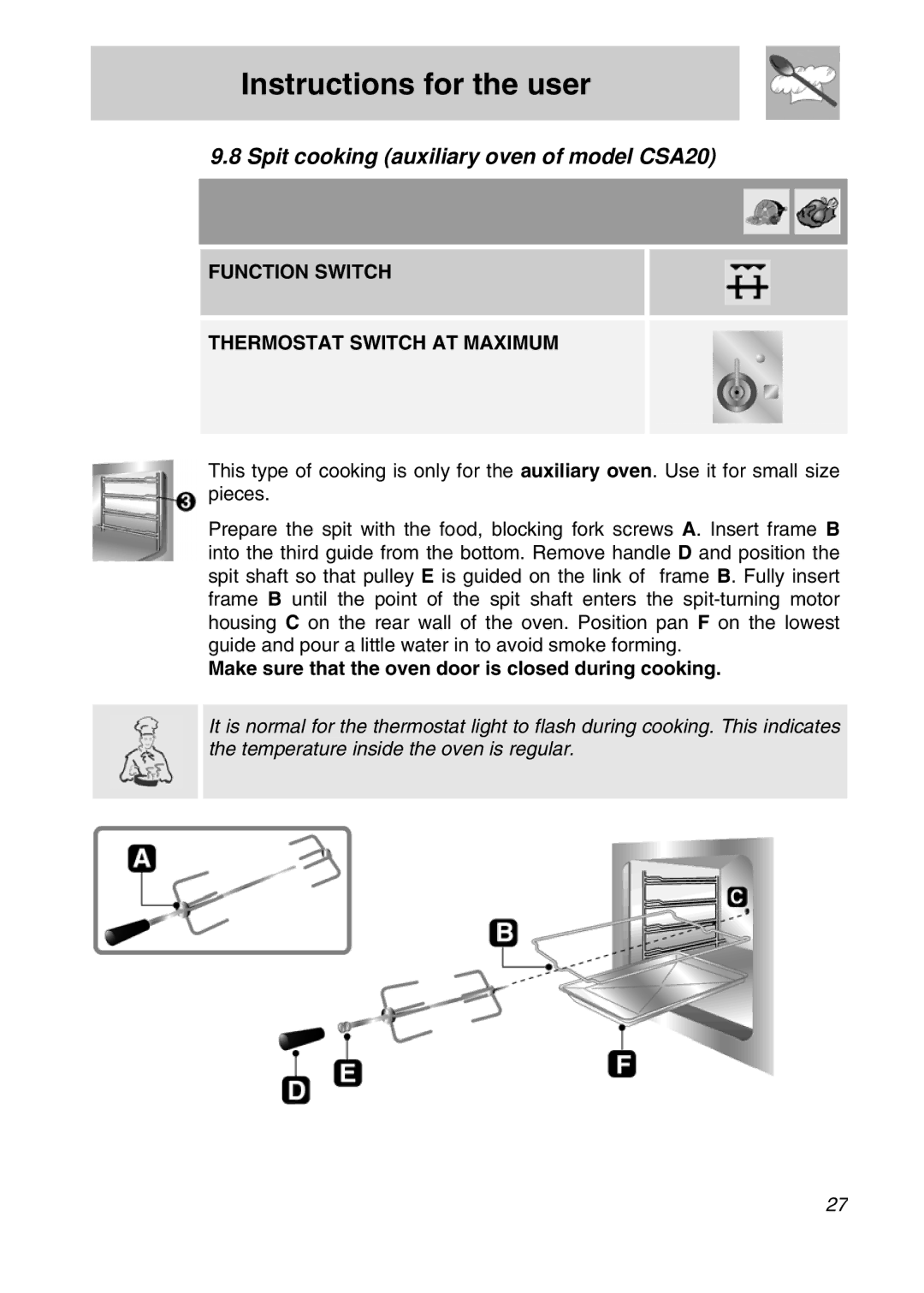 Smeg CSA19ID-6 manual Spit cooking auxiliary oven of model CSA20 