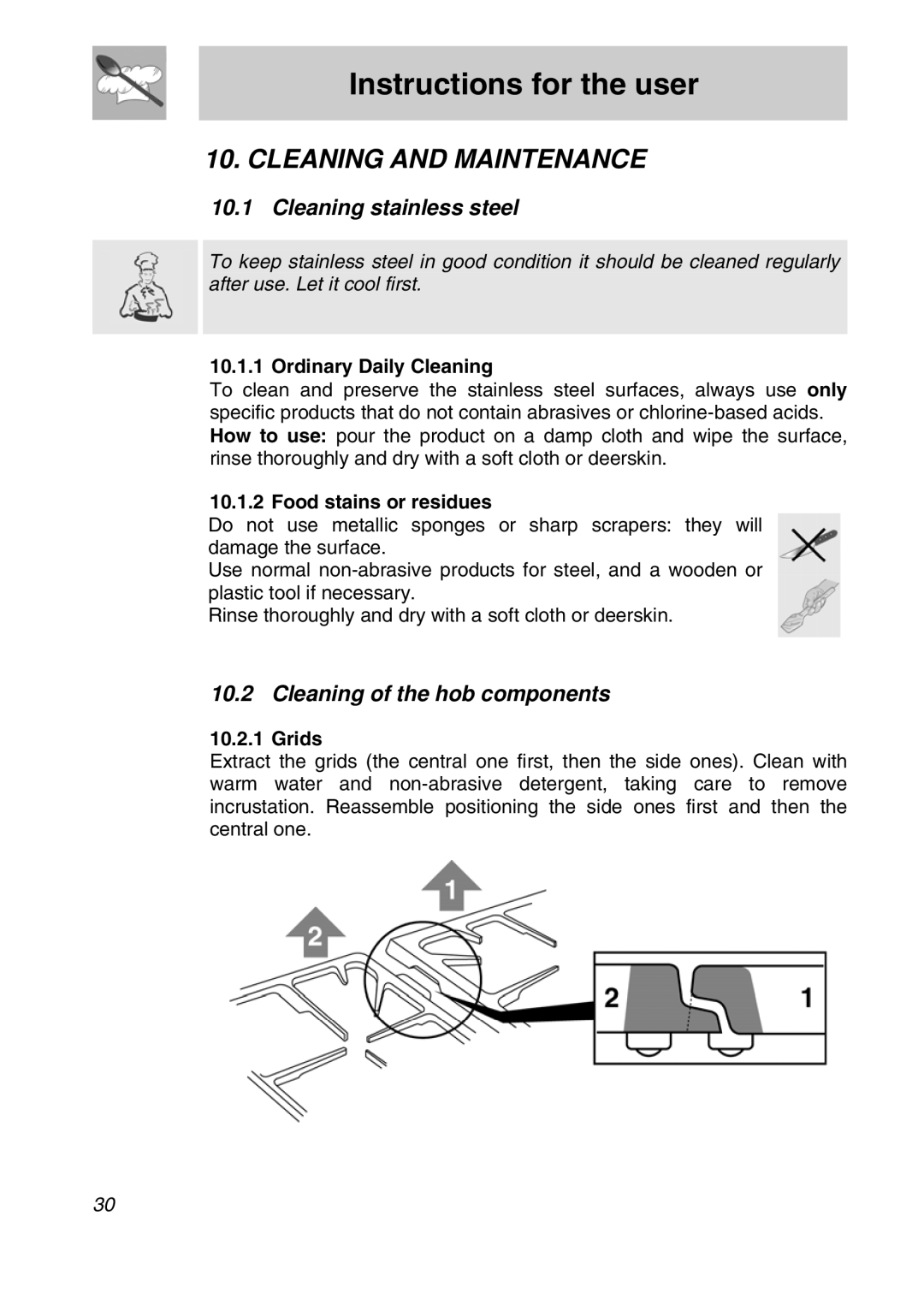 Smeg CSA19ID-6 manual Cleaning and Maintenance, Cleaning stainless steel, Cleaning of the hob components 