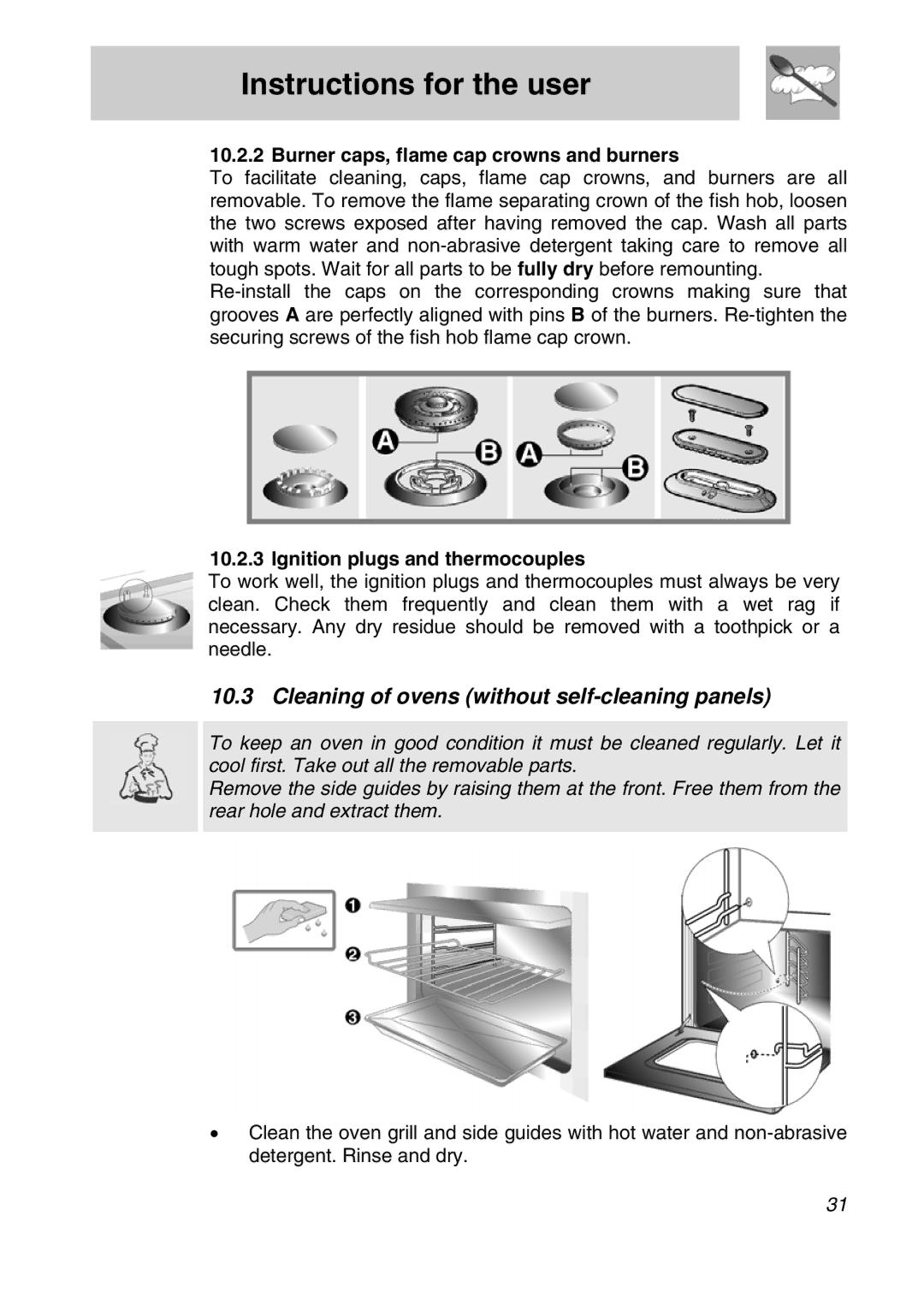 Smeg CSA19ID-6 manual Cleaning of ovens without self-cleaning panels, Burner caps, flame cap crowns and burners 