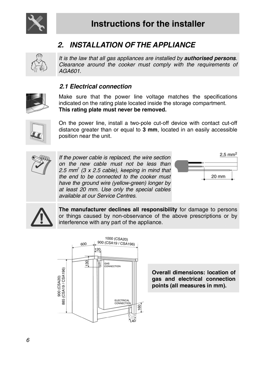 Smeg CSA19ID-6 manual Installation of the Appliance, Electrical connection, This rating plate must never be removed 