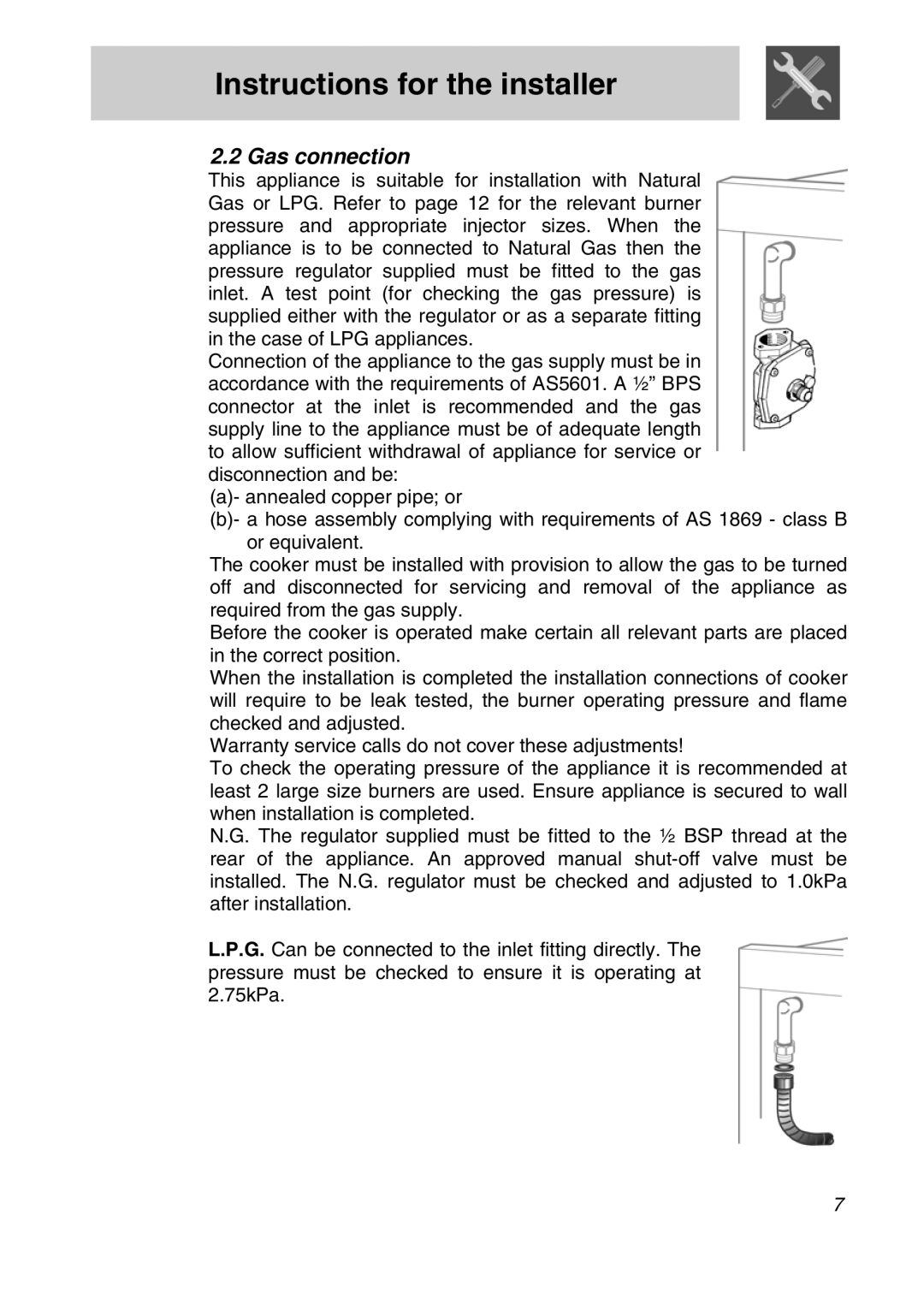 Smeg CSA19ID-6 manual Gas connection 